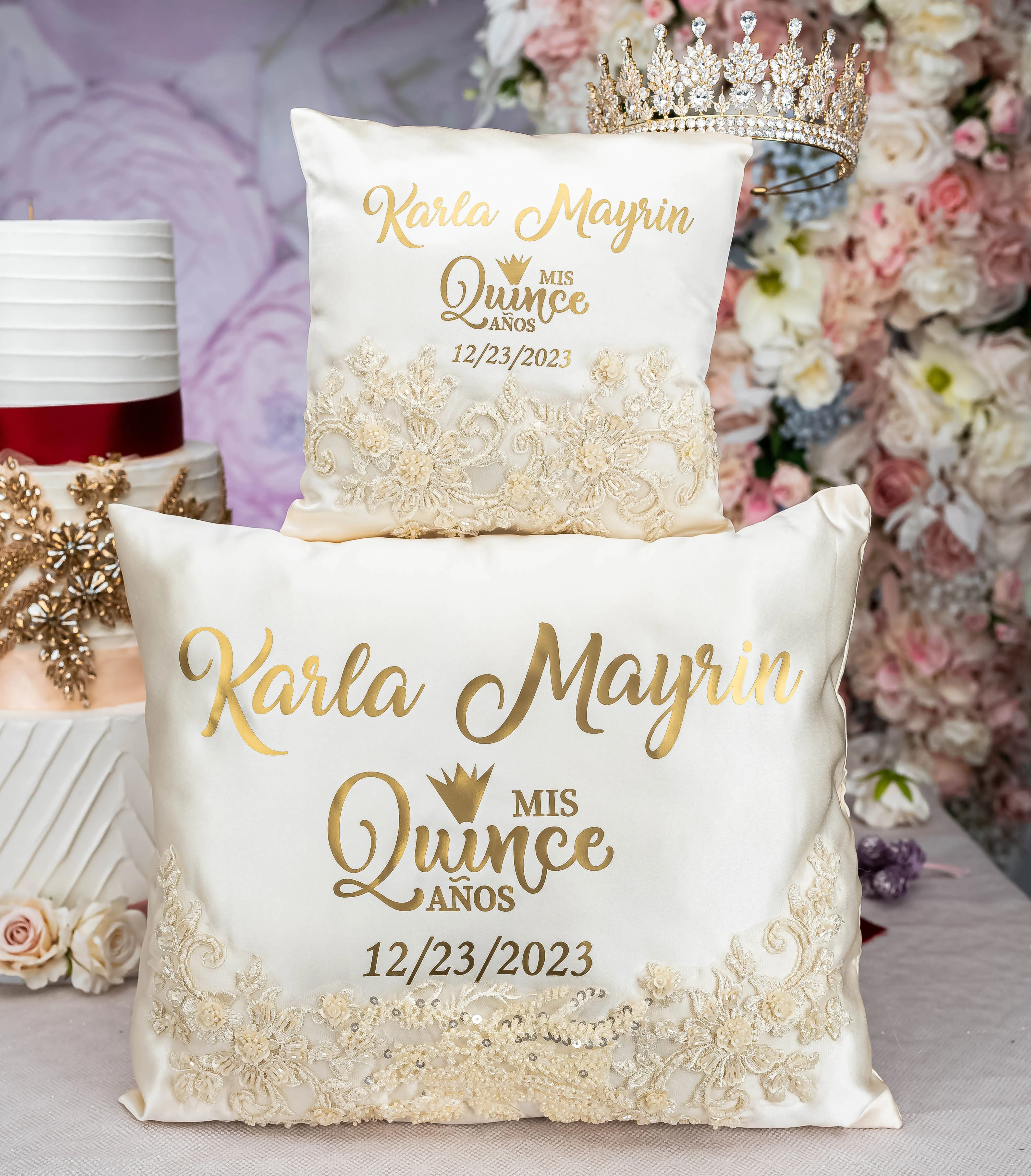 Gold quinceanera tiara pillow