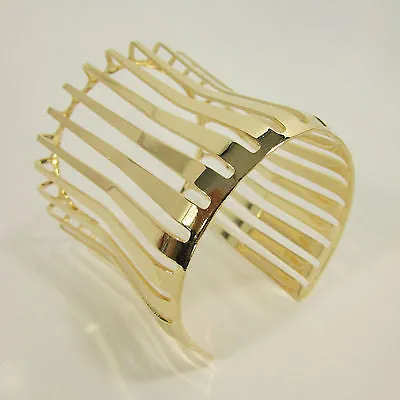 Gold Wide Metal Cuff Bracelet Unique Cut Shape 3" Long