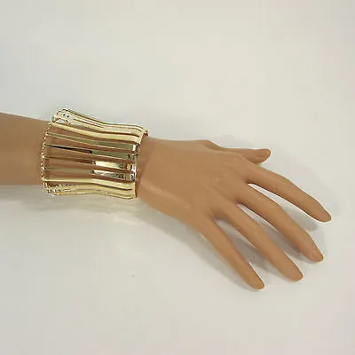 Gold Wide Metal Cuff Bracelet Unique Cut Shape 3" Long