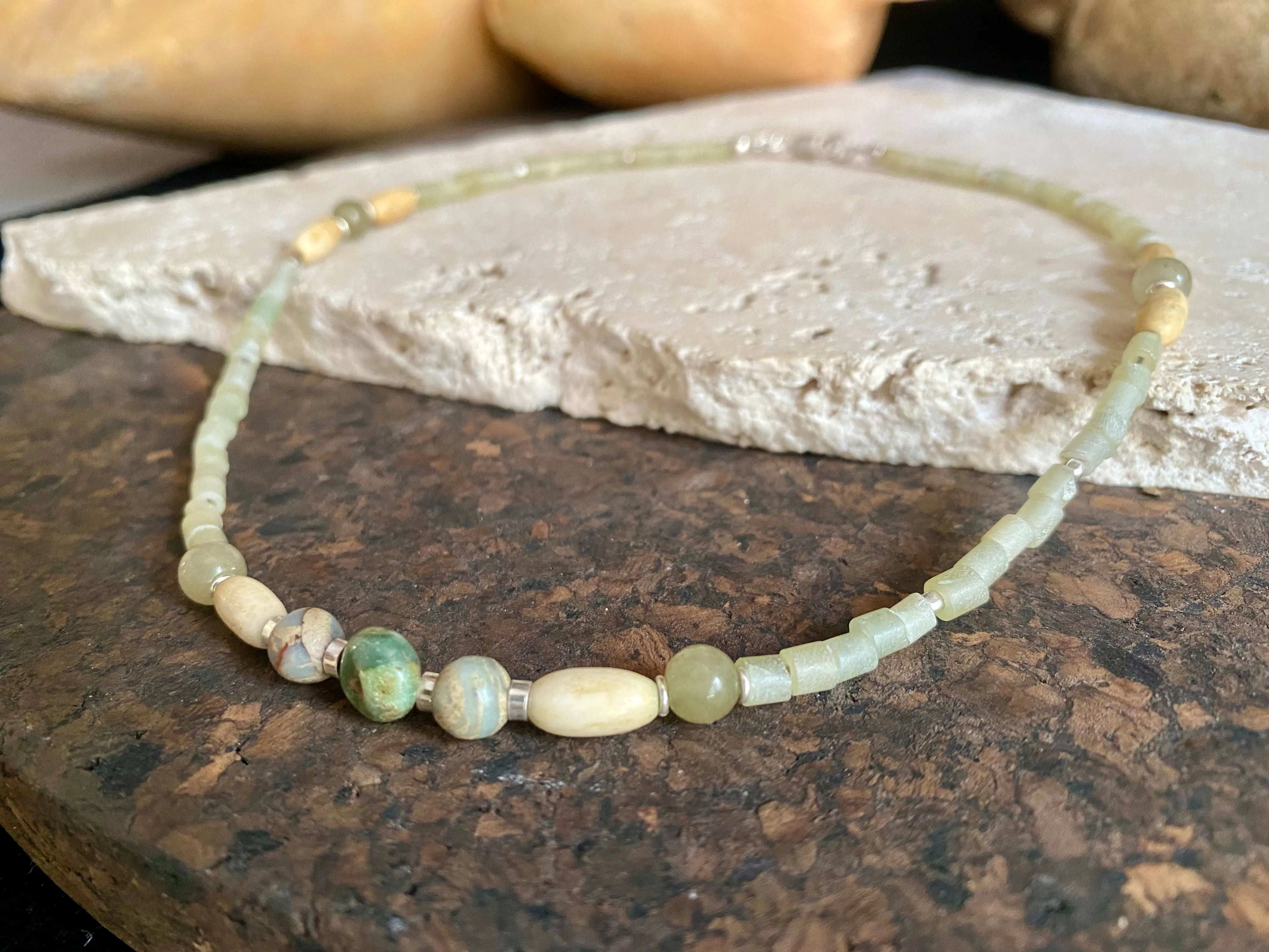 Green Stone & Bone Choker Necklace