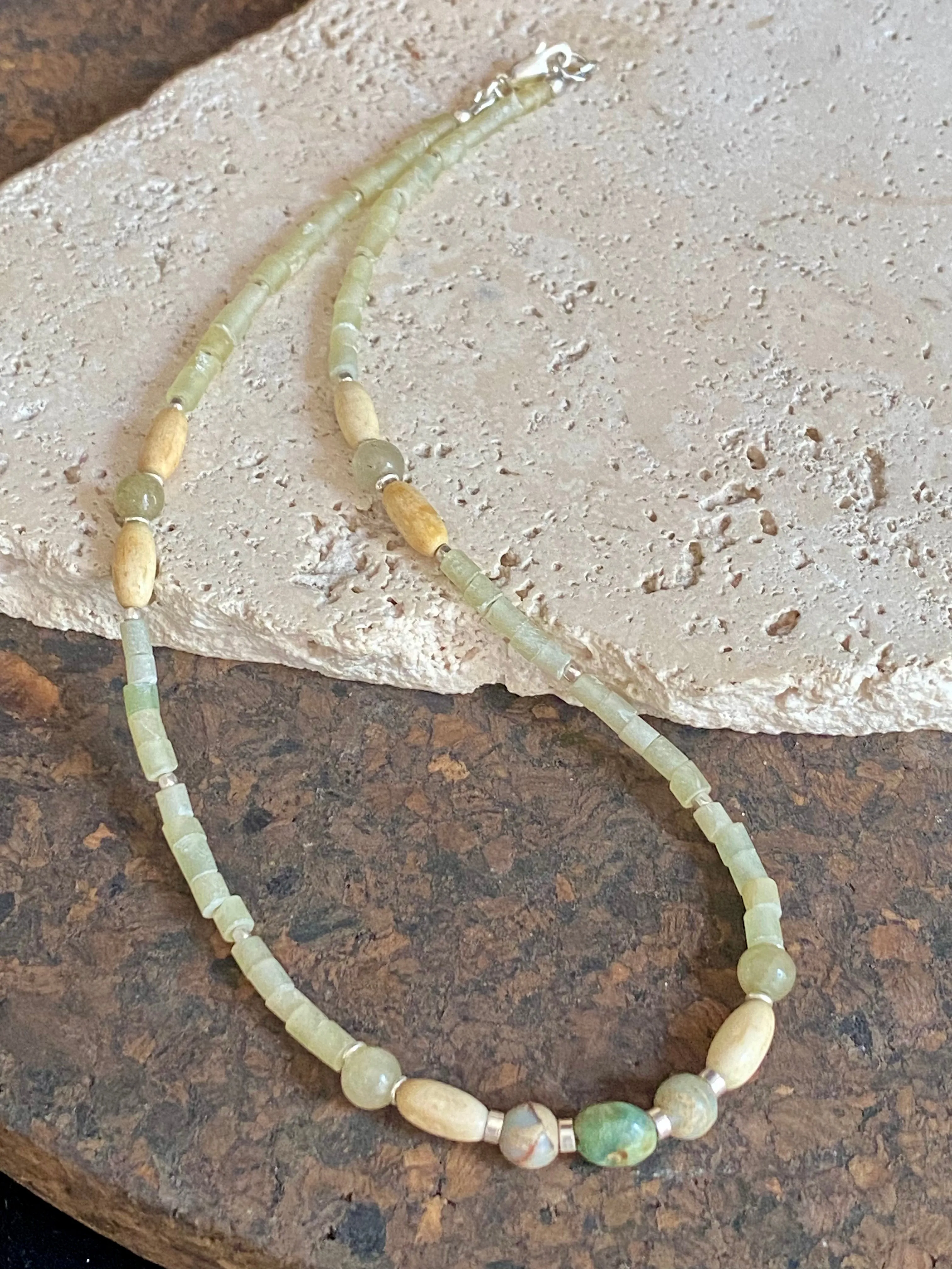 Green Stone & Bone Choker Necklace