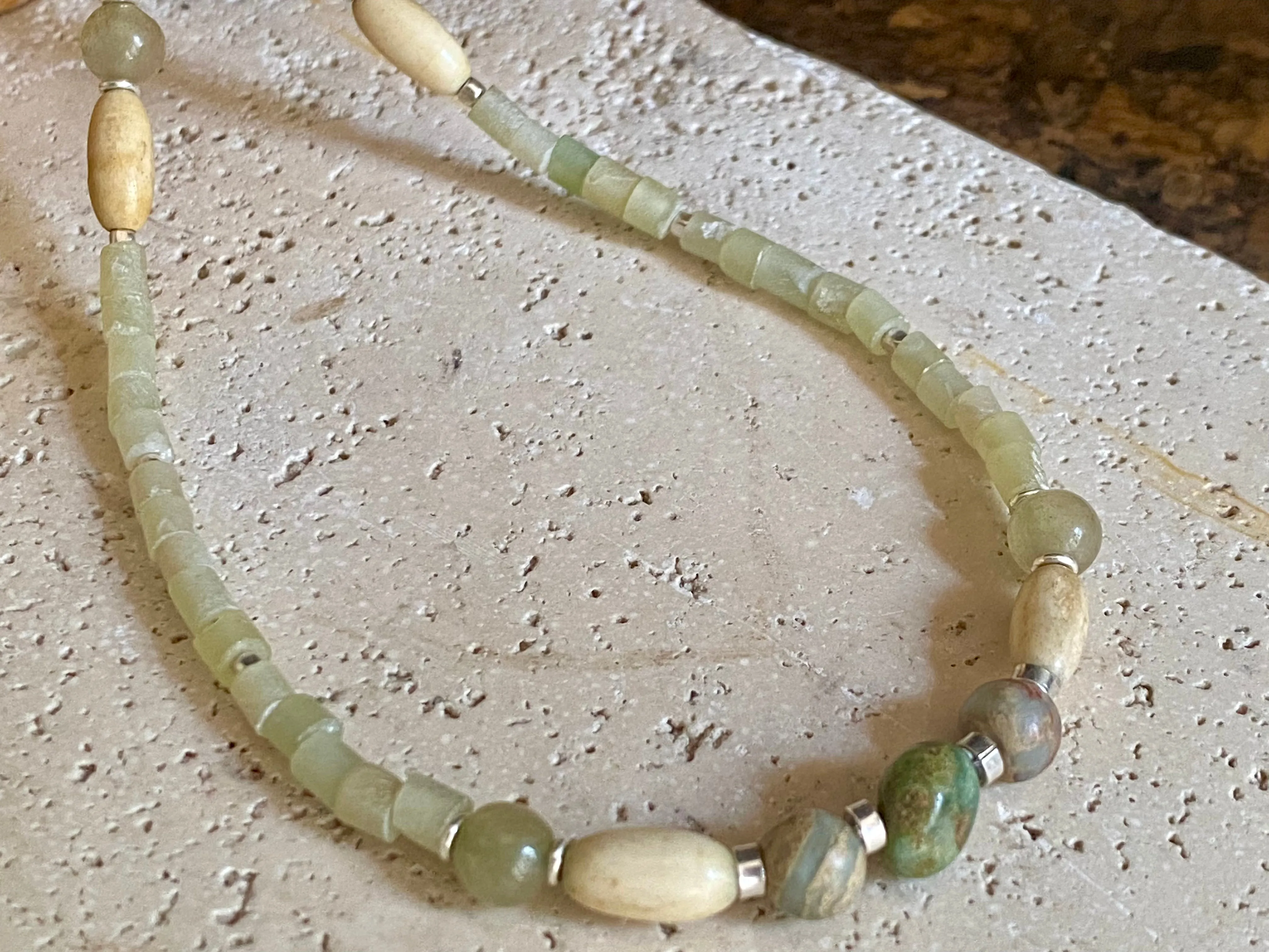 Green Stone & Bone Choker Necklace