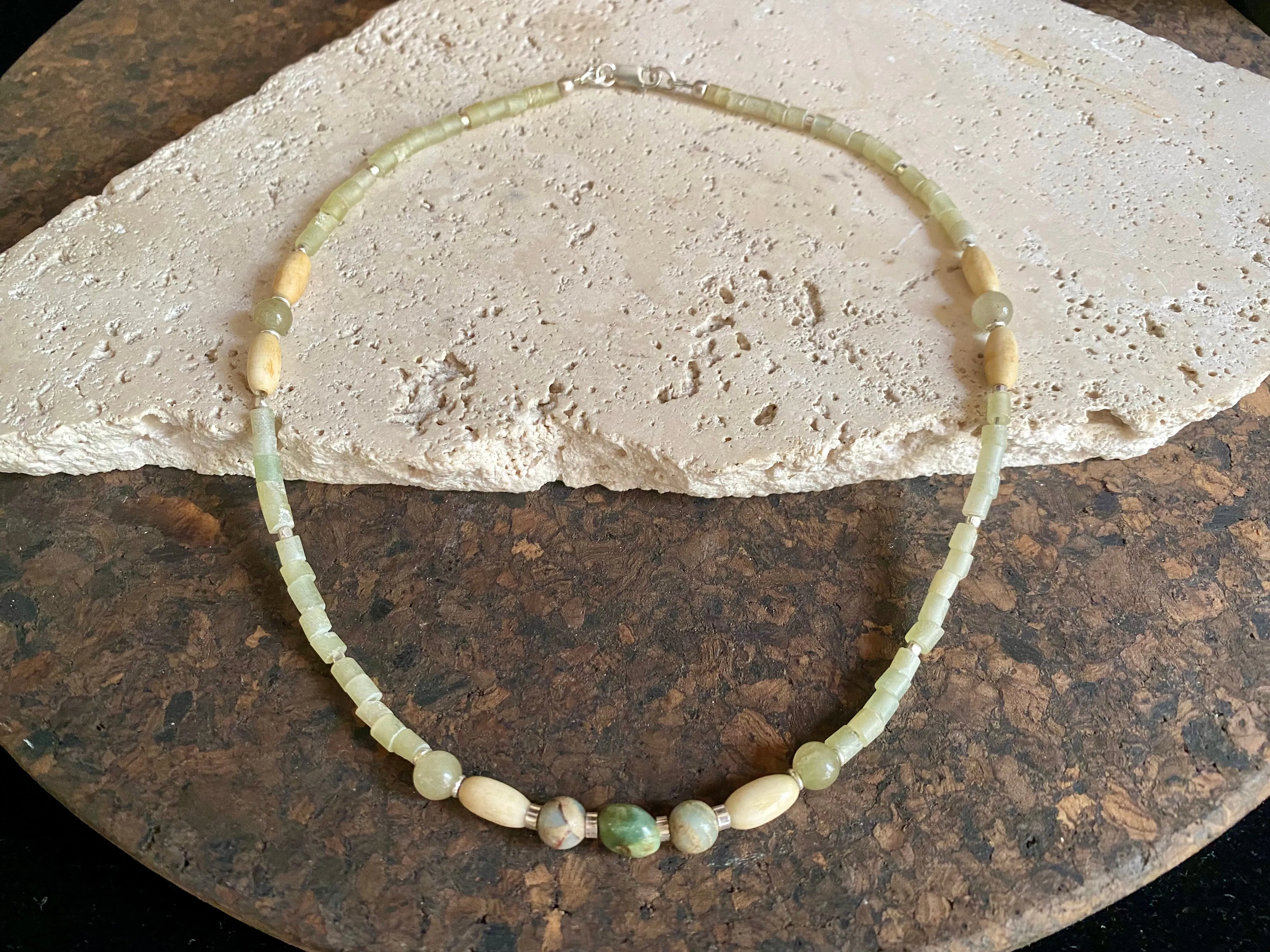 Green Stone & Bone Choker Necklace