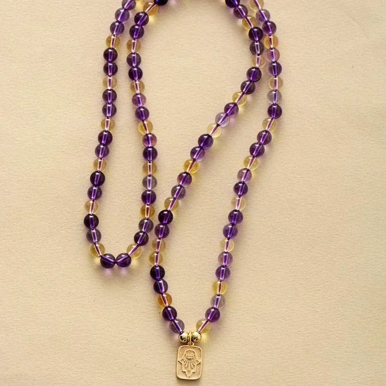 Hamsa Amethyst Citrine 108 Mala Beads Necklace