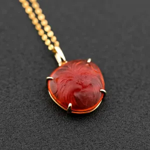 Hand Carved Bichon Dog Fire Opal Pendant Necklace 18K Yellow Gold