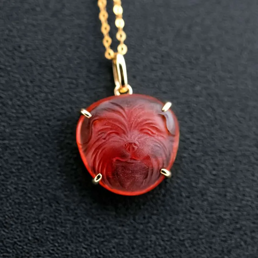 Hand Carved Bichon Dog Fire Opal Pendant Necklace 18K Yellow Gold