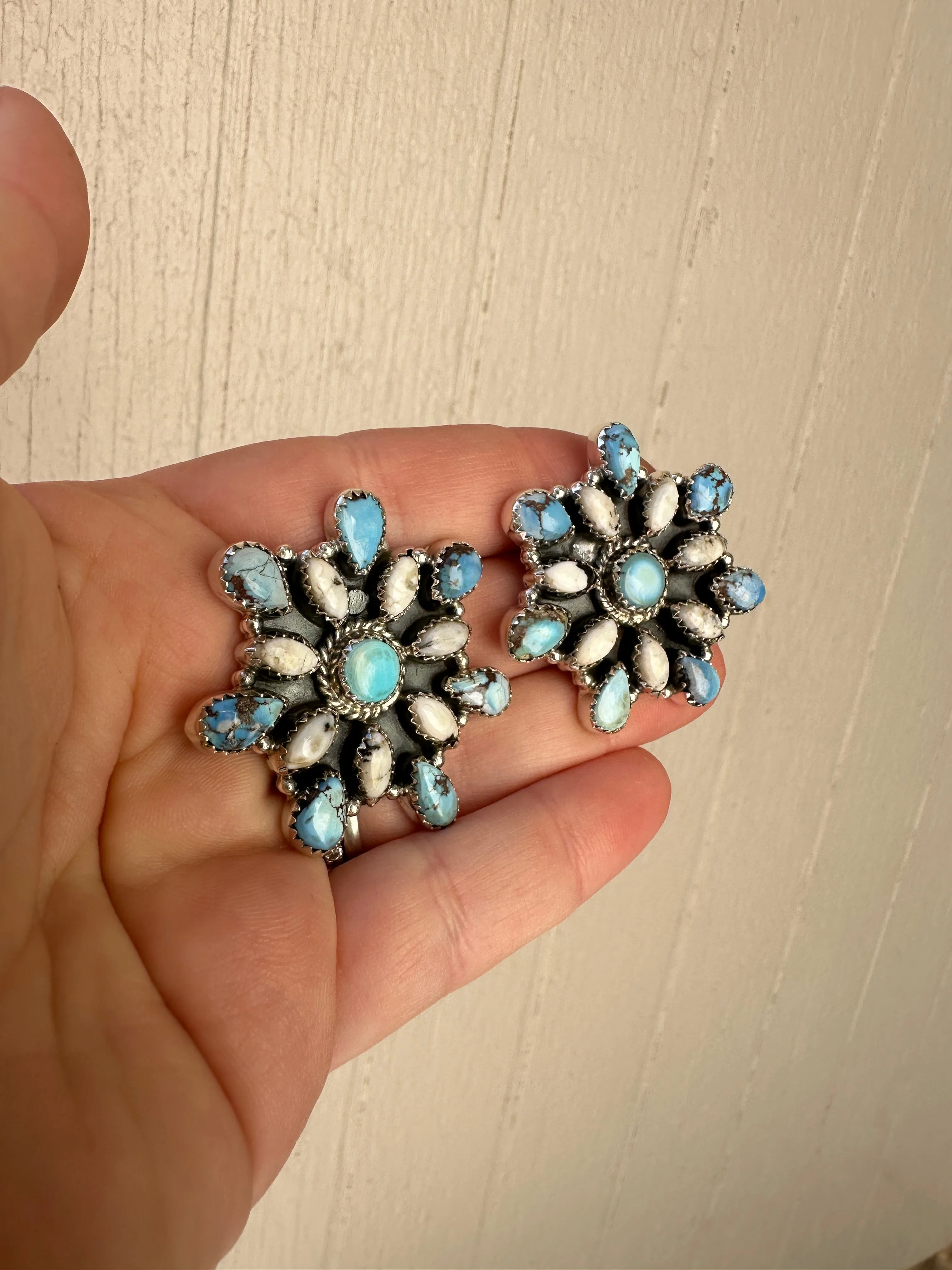 Handmade Golden Hills Turquoise, White Buffalo & Sterling Silver Cluster Earrings Signed Nizhoni