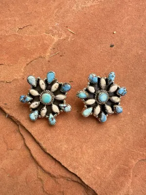 Handmade Golden Hills Turquoise, White Buffalo & Sterling Silver Cluster Earrings Signed Nizhoni