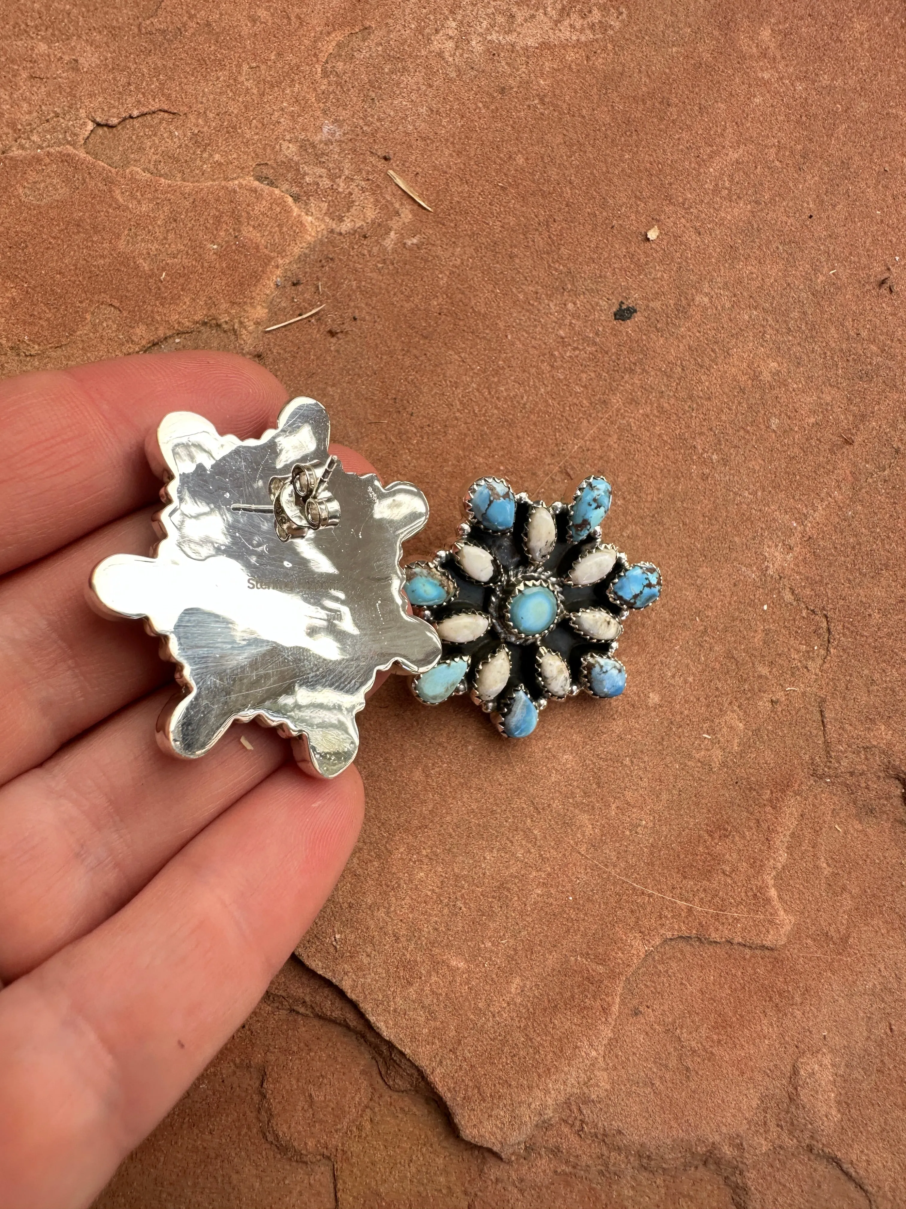 Handmade Golden Hills Turquoise, White Buffalo & Sterling Silver Cluster Earrings Signed Nizhoni