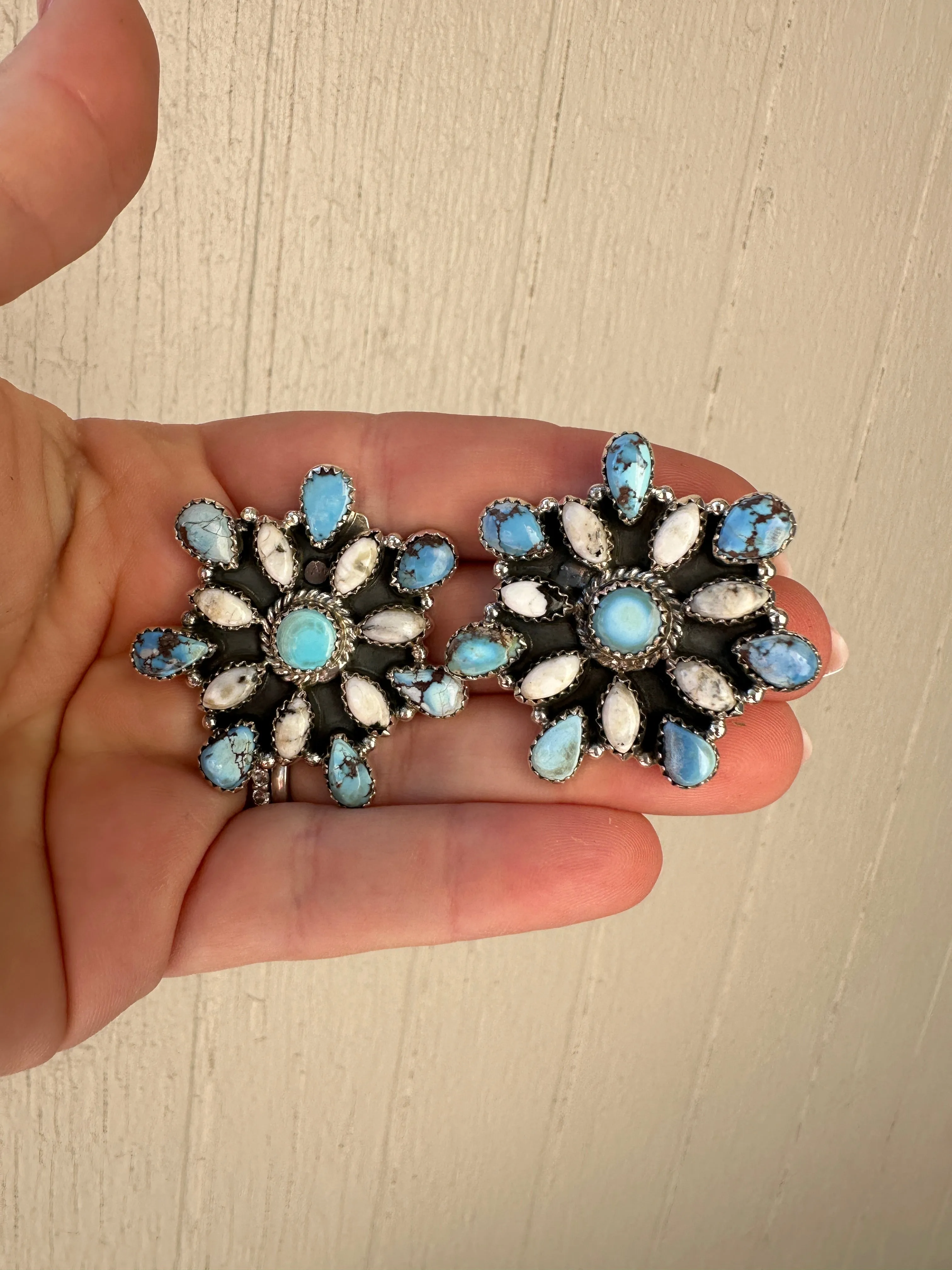 Handmade Golden Hills Turquoise, White Buffalo & Sterling Silver Cluster Earrings Signed Nizhoni