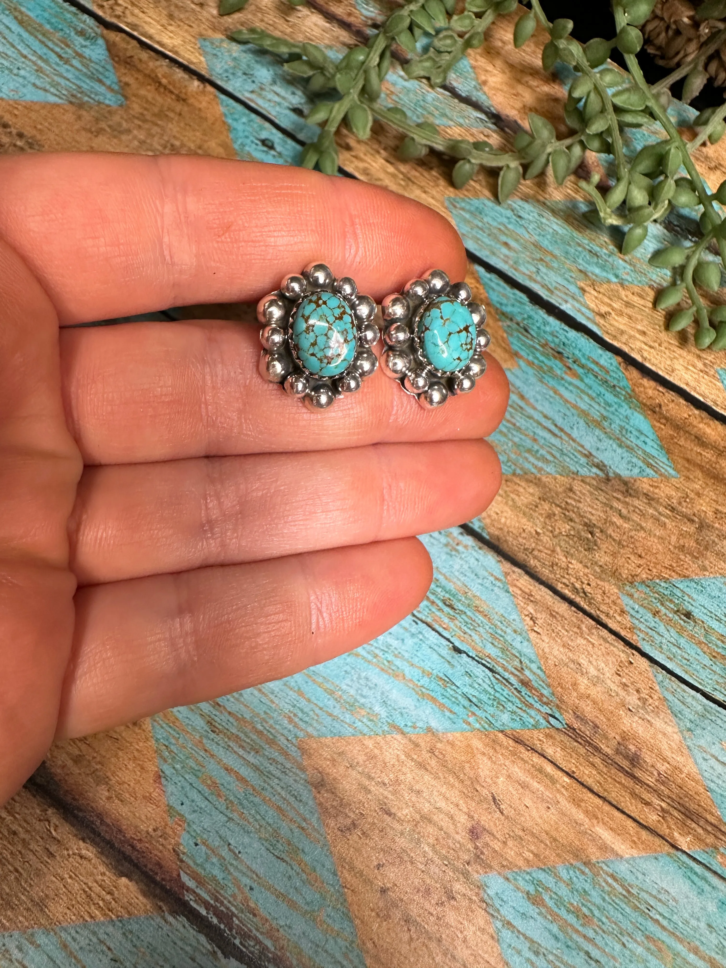 Handmade Number 8 Turquoise & Sterling Silver Ball Stud Border Earrings