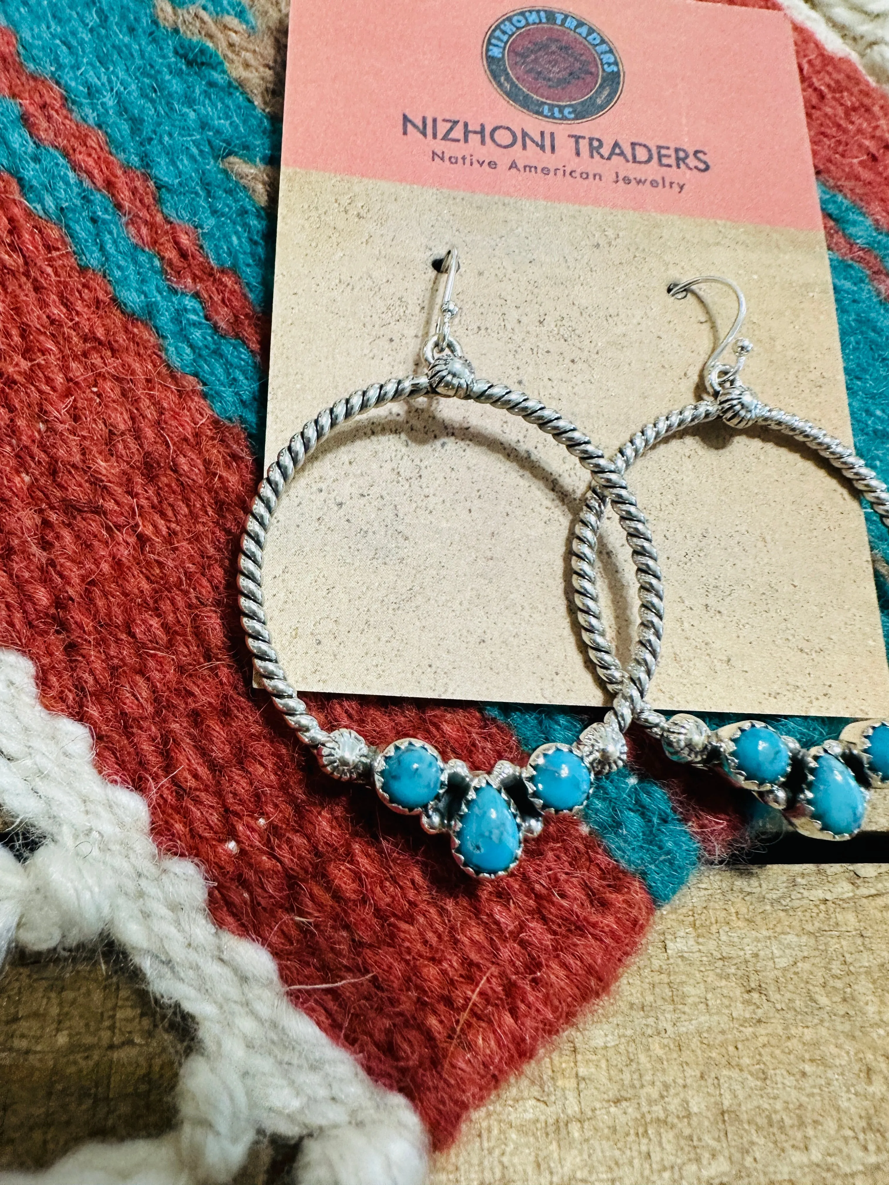 Handmade Turquoise & Sterling Silver Dangle Hoop Earrings Signed Nizhoni