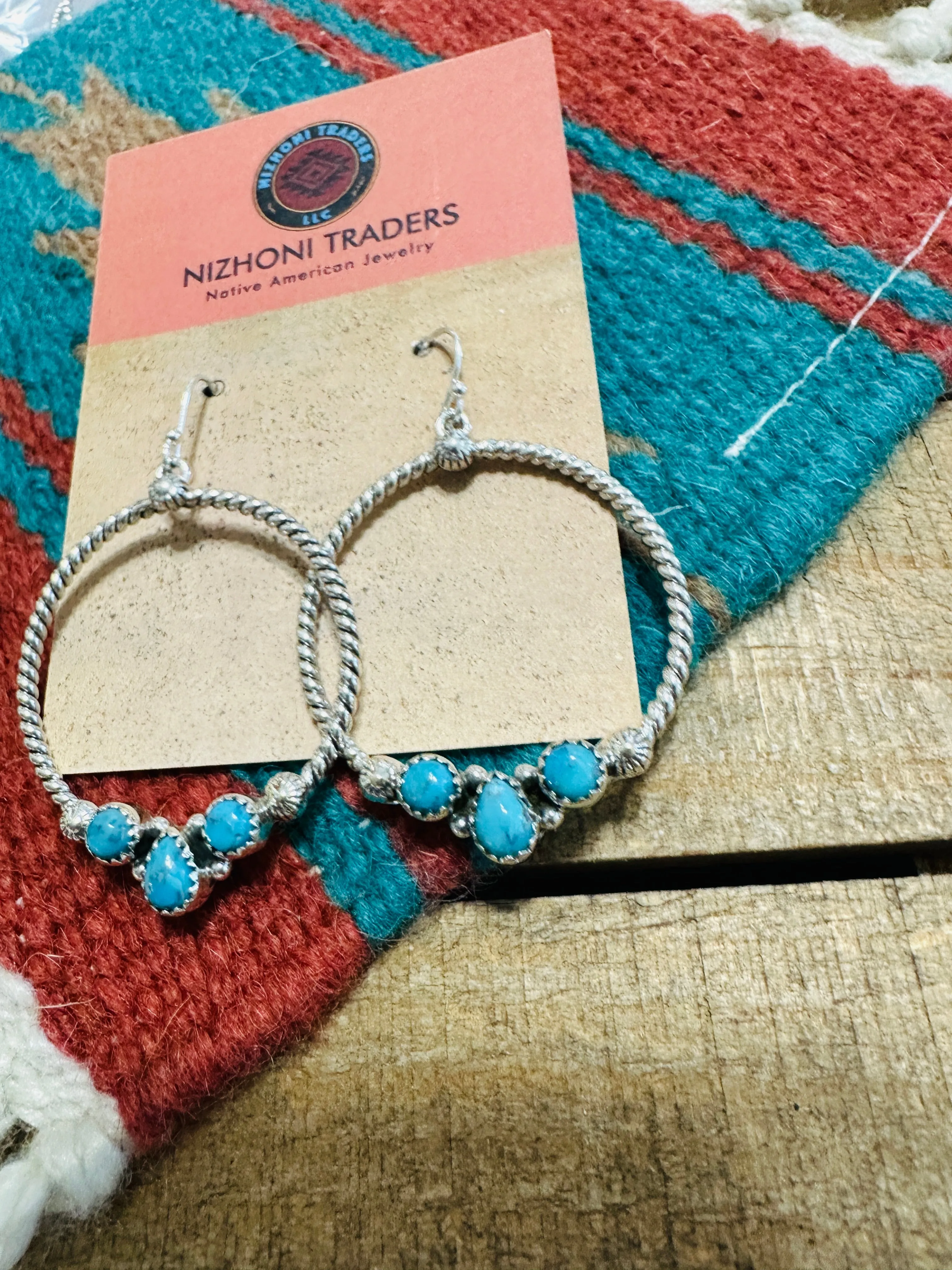 Handmade Turquoise & Sterling Silver Dangle Hoop Earrings Signed Nizhoni