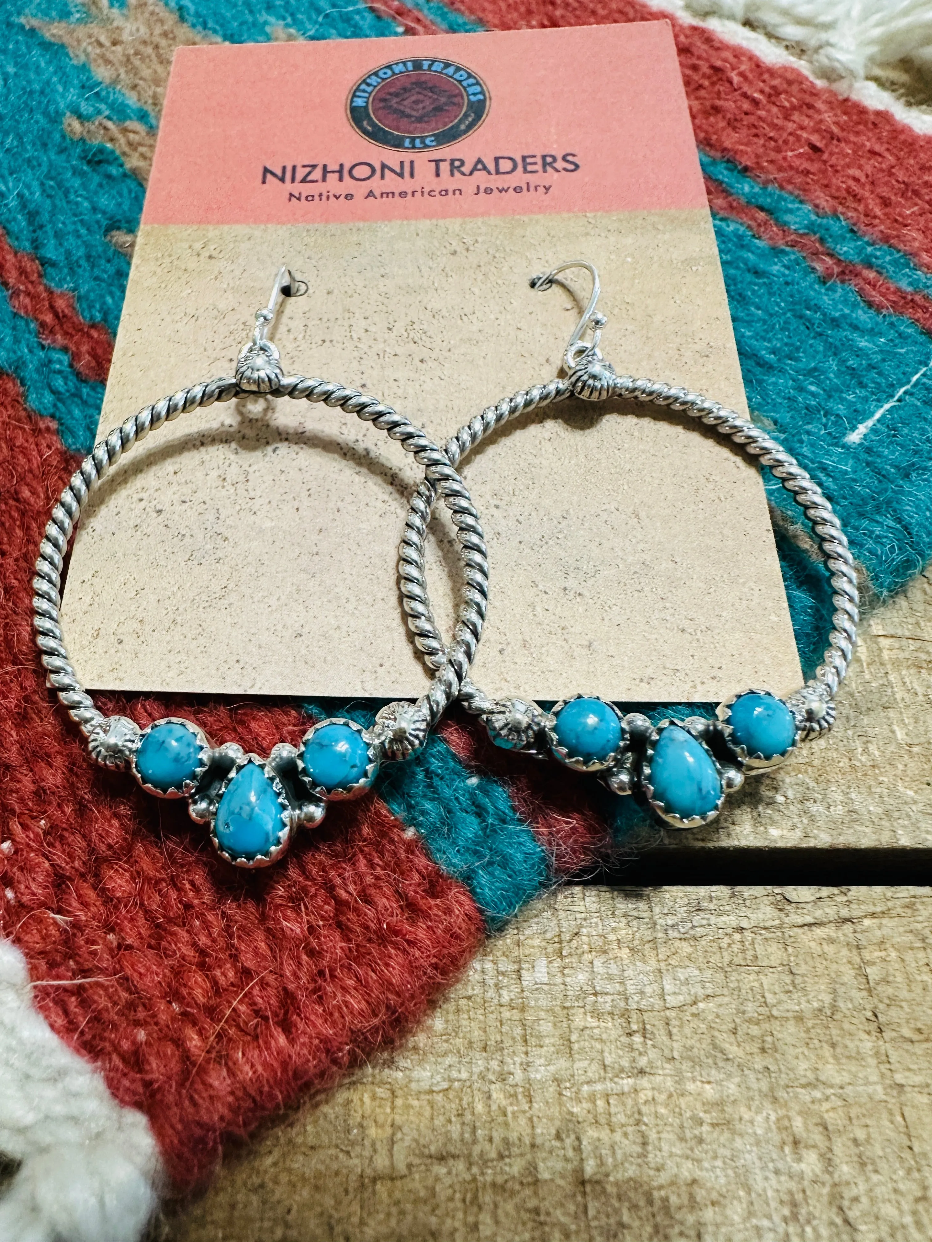 Handmade Turquoise & Sterling Silver Dangle Hoop Earrings Signed Nizhoni