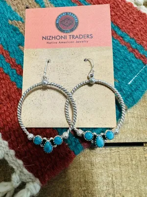 Handmade Turquoise & Sterling Silver Dangle Hoop Earrings Signed Nizhoni