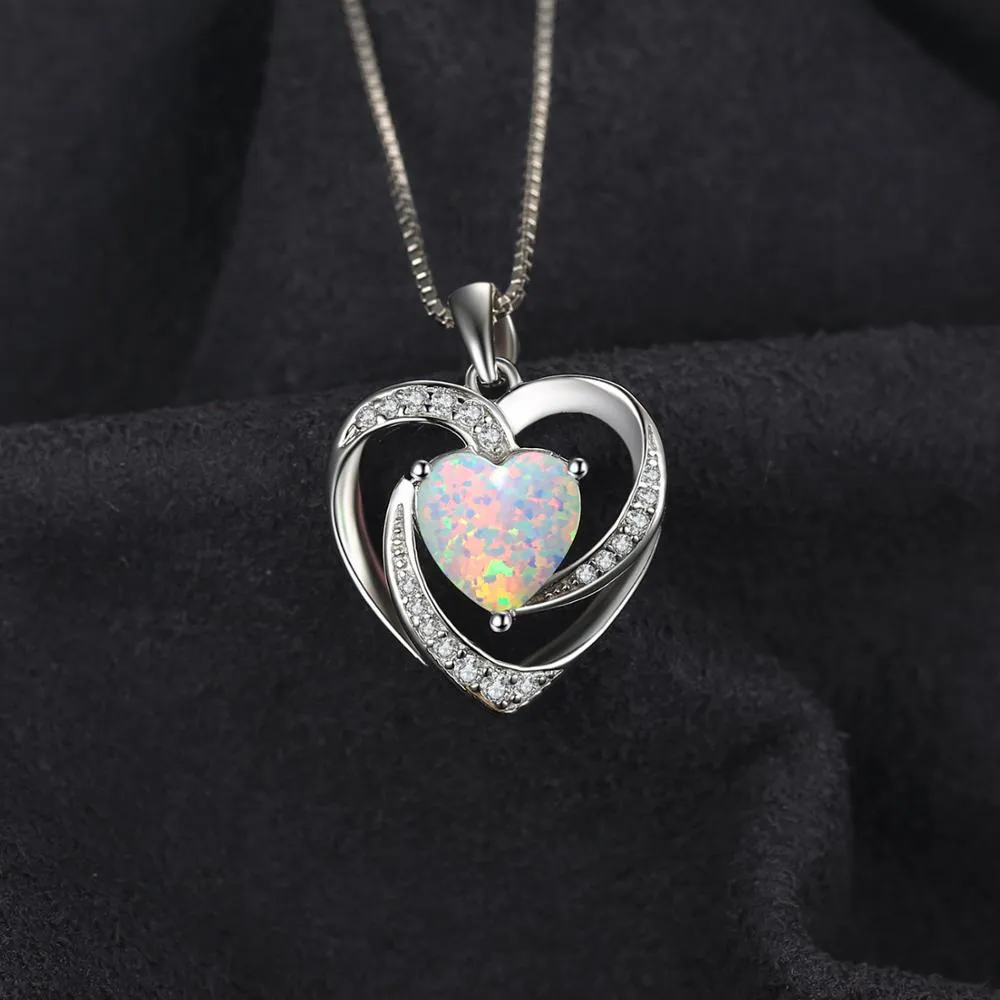 Heart Created Opal Pendant Necklace 925 Sterling Silver Gemstones Choker Statement Necklace For Women