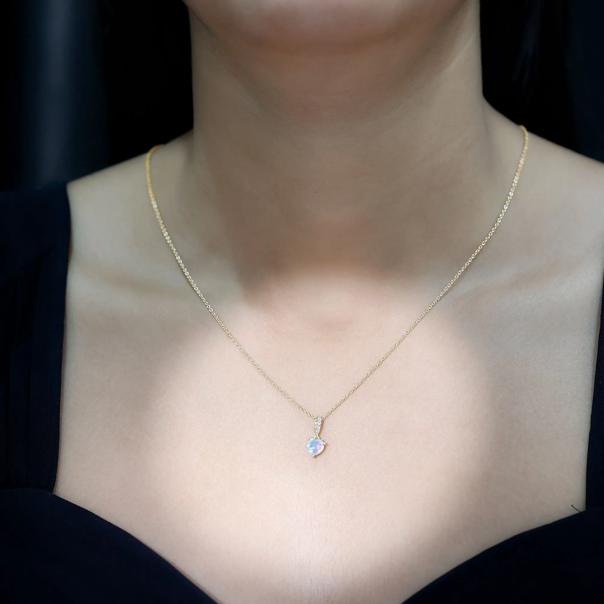 Heart Shape Ethiopian Opal Solitaire Pendant Necklace with Diamond