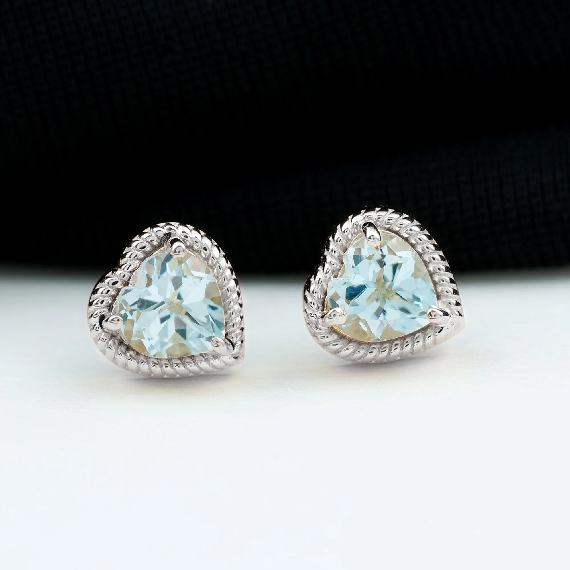 Heart Shape Sky Blue Topaz Solitaire Stud earrings with Twisted Rope Frame