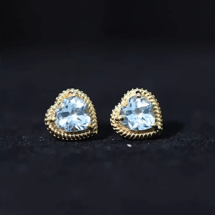 Heart Shape Sky Blue Topaz Solitaire Stud earrings with Twisted Rope Frame