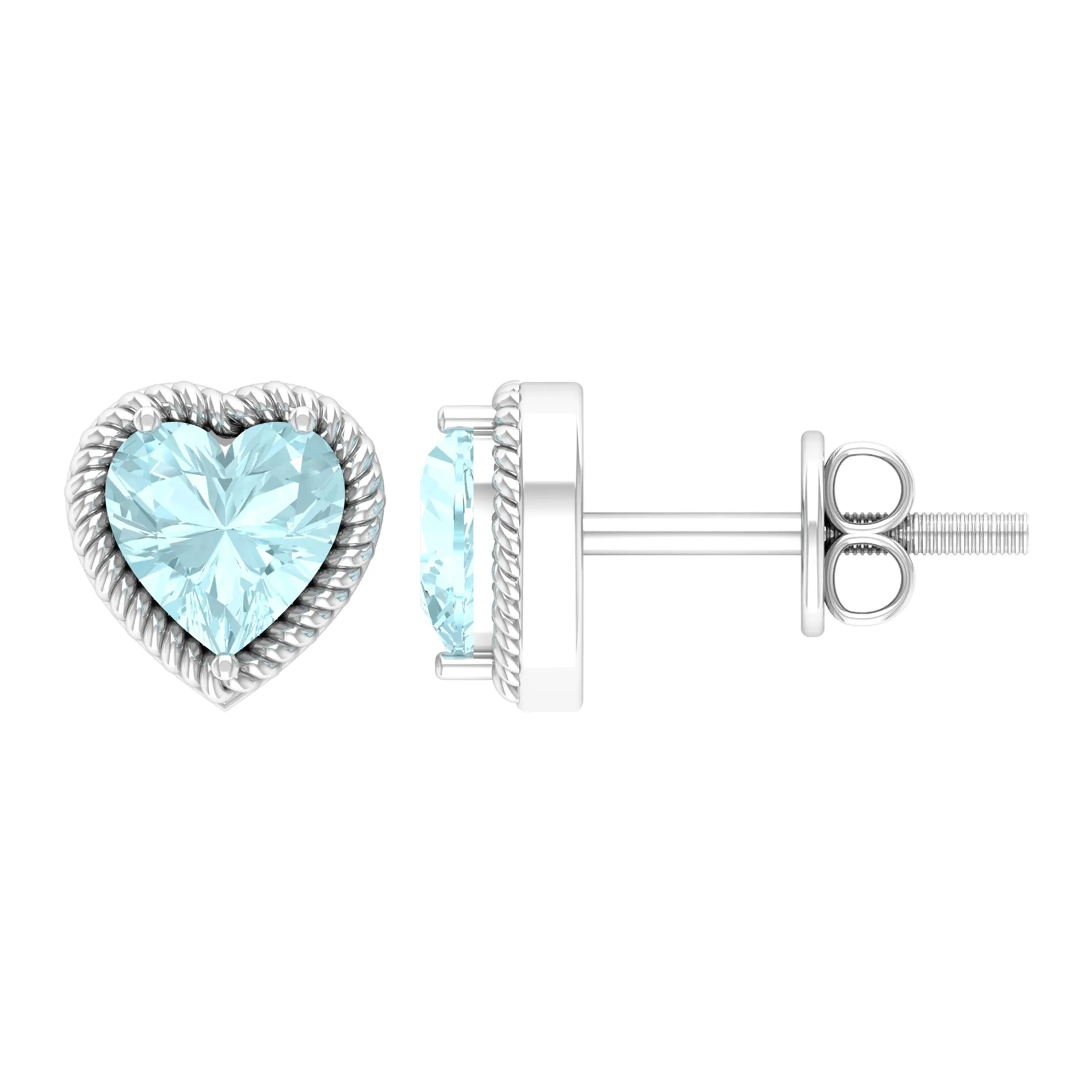 Heart Shape Sky Blue Topaz Solitaire Stud earrings with Twisted Rope Frame