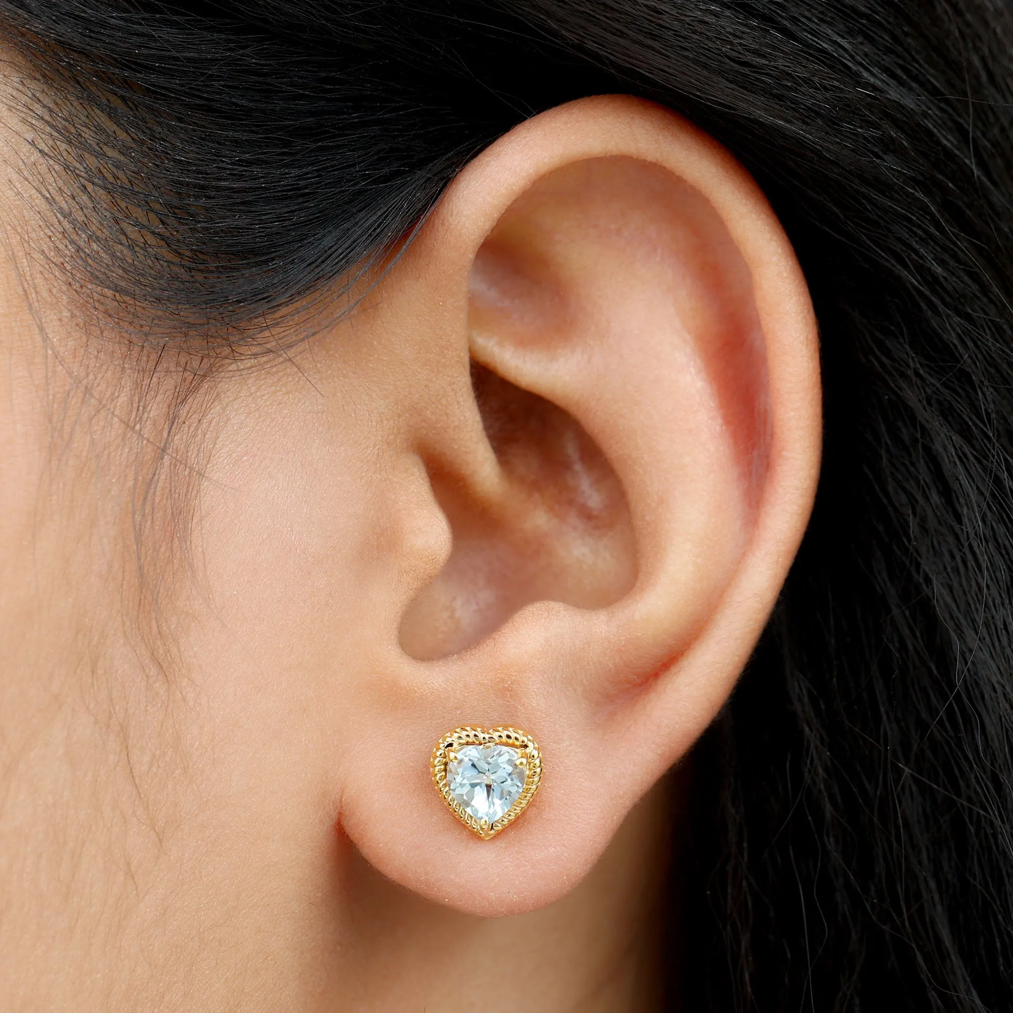 Heart Shape Sky Blue Topaz Solitaire Stud earrings with Twisted Rope Frame