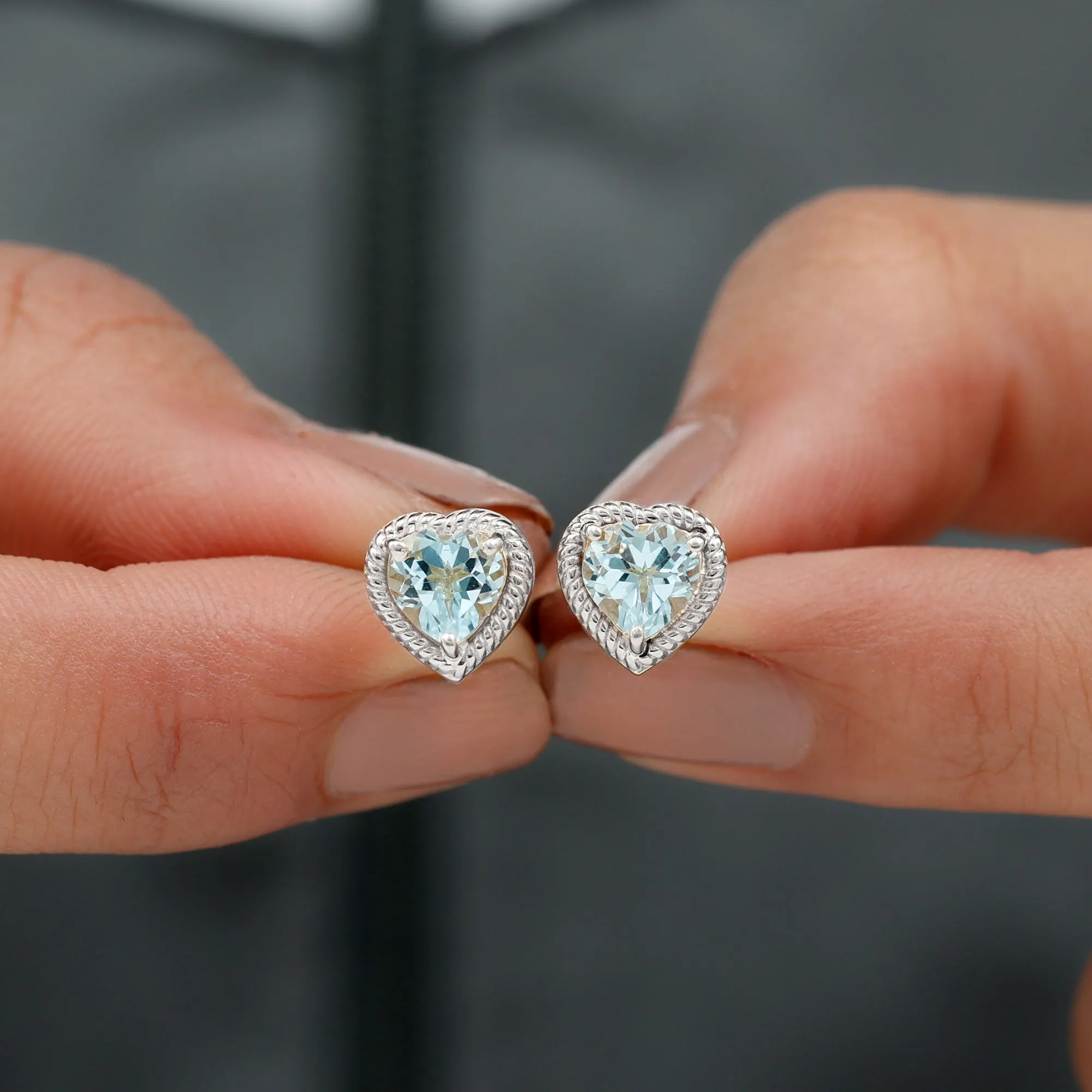 Heart Shape Sky Blue Topaz Solitaire Stud earrings with Twisted Rope Frame