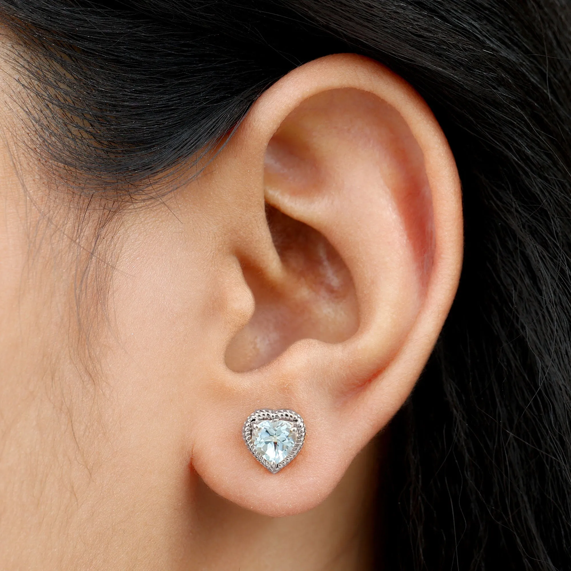 Heart Shape Sky Blue Topaz Solitaire Stud earrings with Twisted Rope Frame