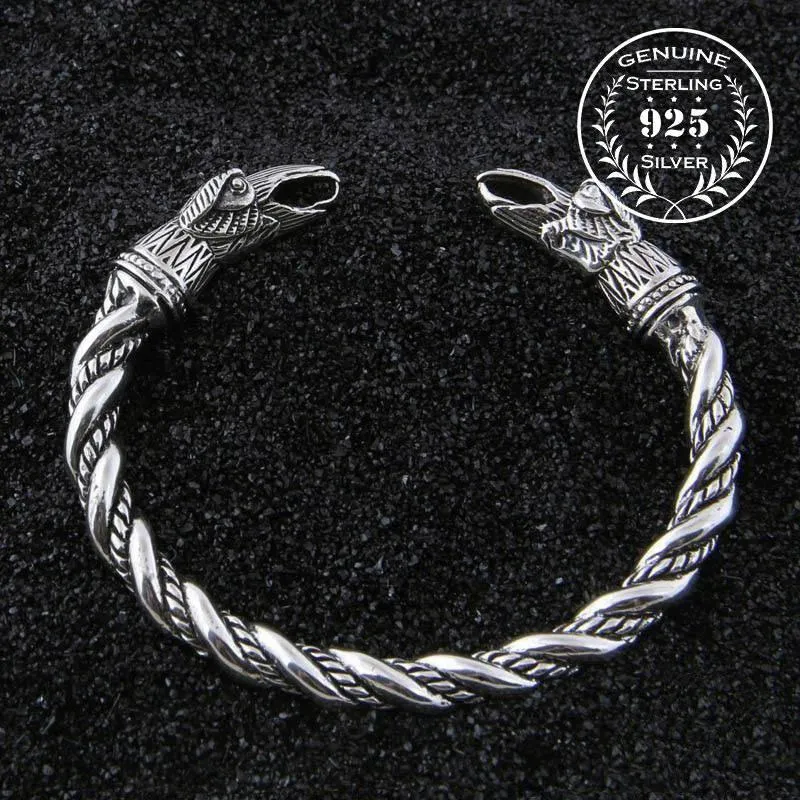 Hugin and Munin Raven Torc Bracelet - Sterling Silver