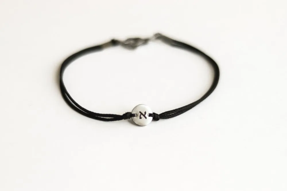 Initial bracelet for men, personalised men's bracelet, silver engraved circle charm, black string, Hebrew