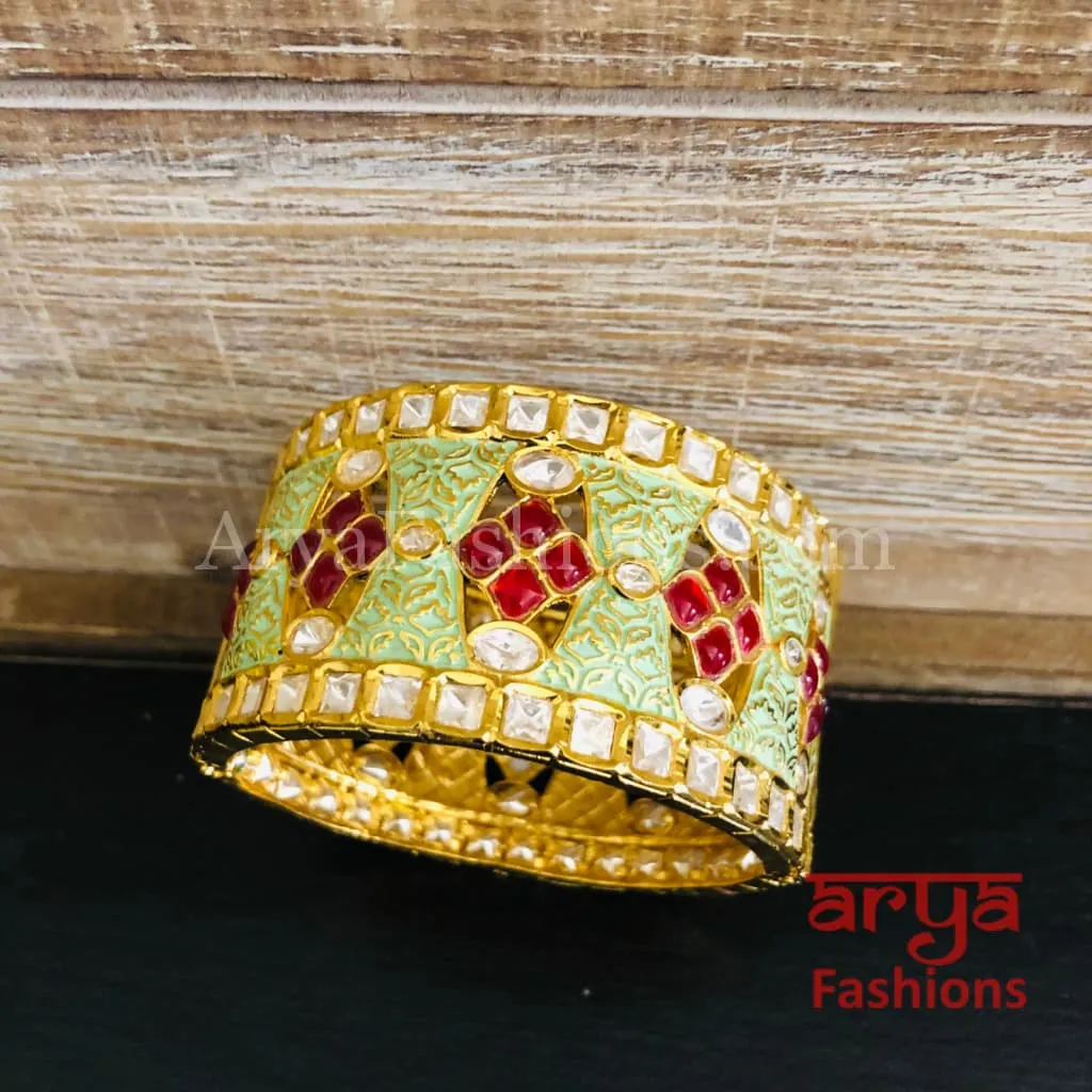 Ivory Meenakari Kundan Bracelet with Red Stone/ Mint Green Kundan Bracelet