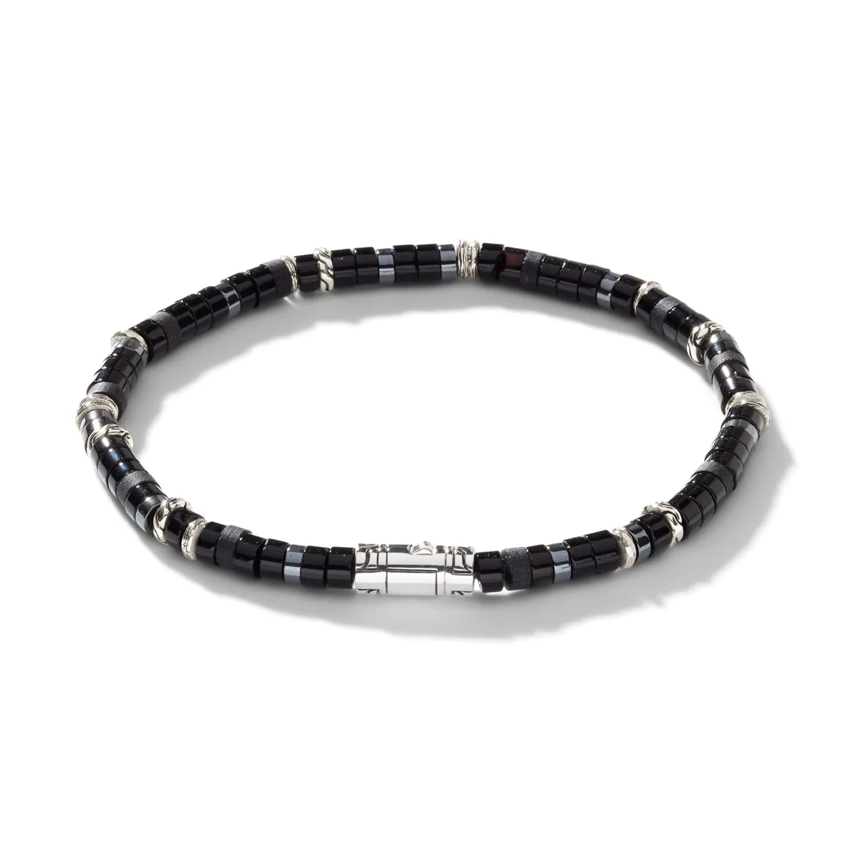 John Hardy Heishi Silver Bracelet with Treated Black Onyx and Hematite Beads