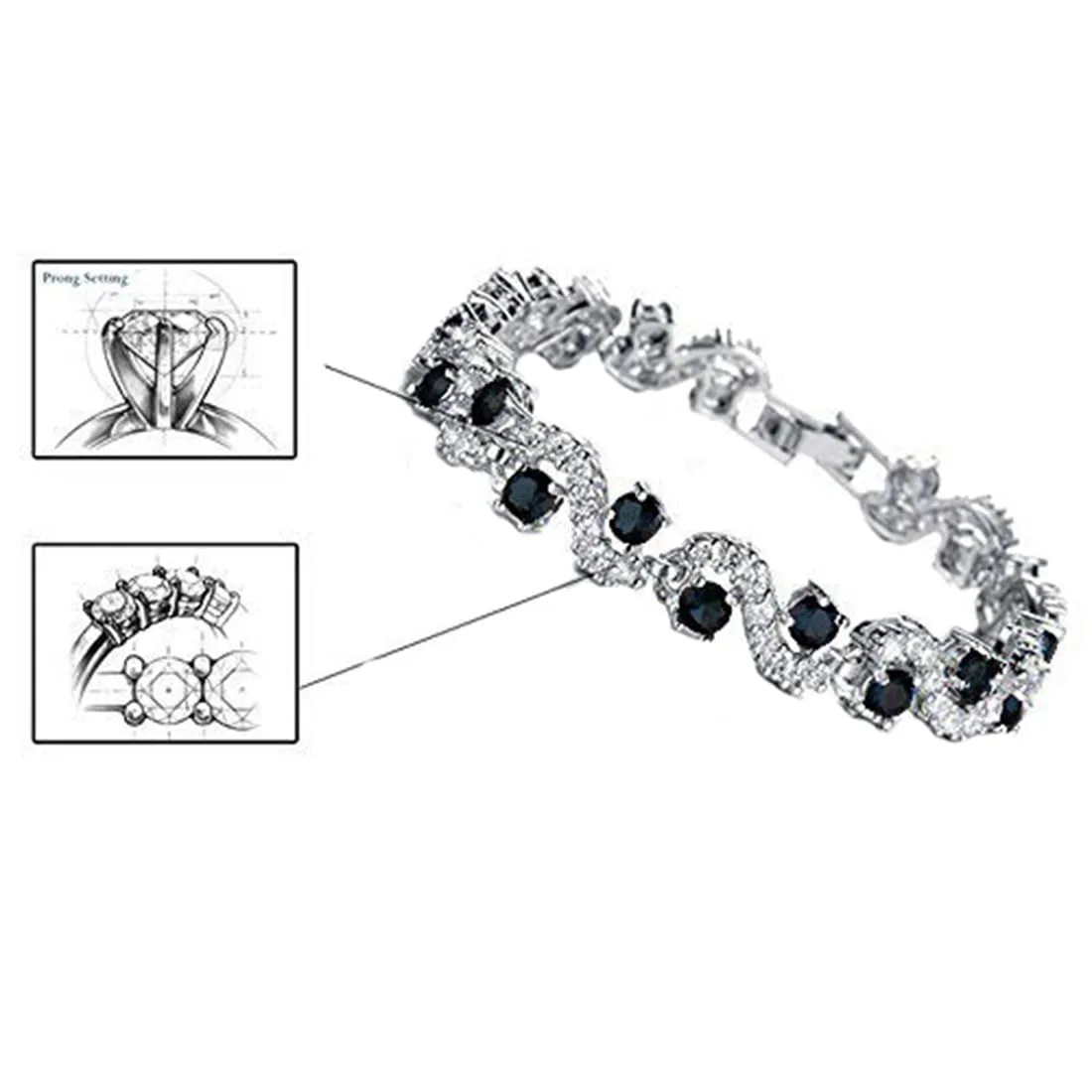 Kairangi Crystal Bracelet for Women Silver Plated A5 Grade Black Crystal Tennis Bracelet for Women and Girls