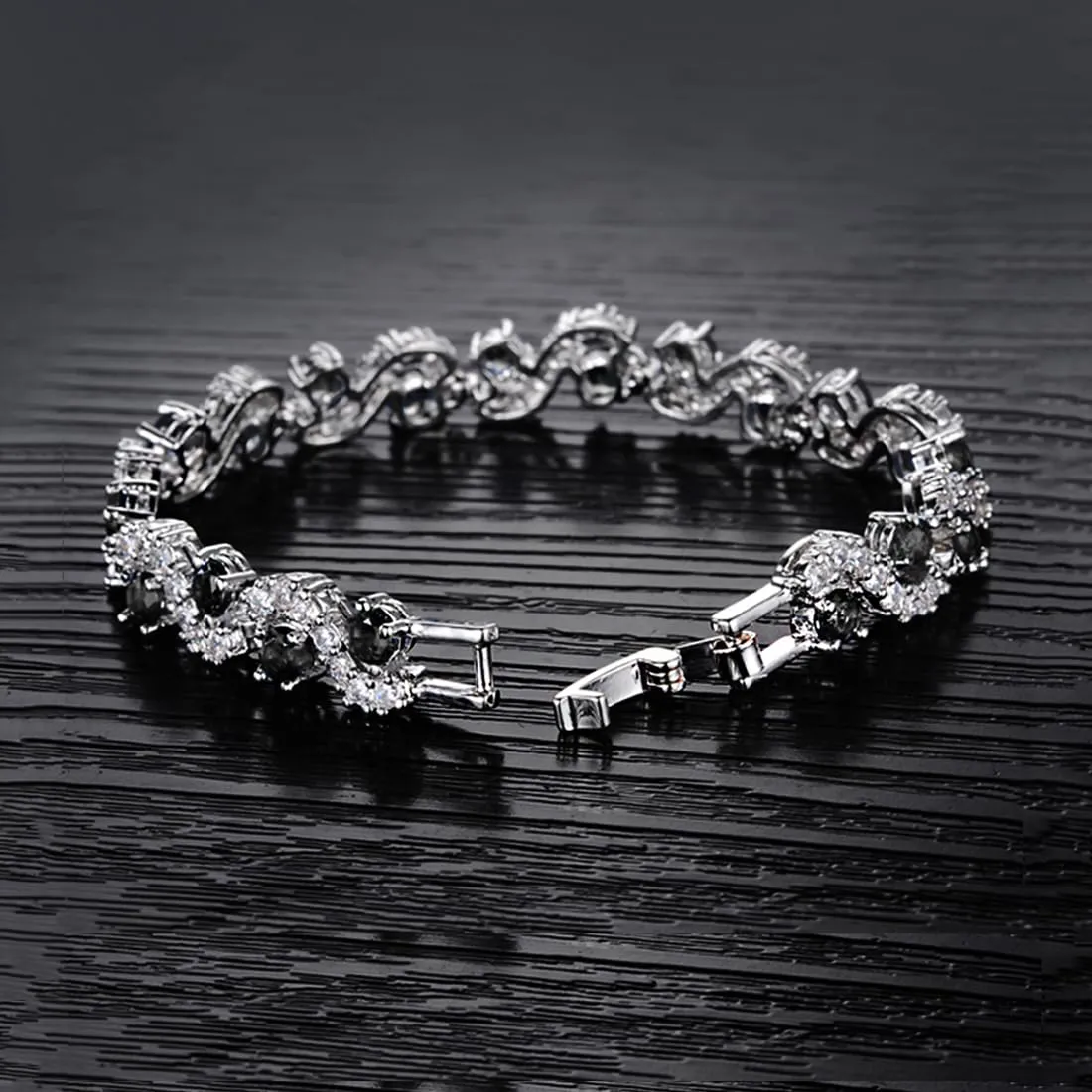 Kairangi Crystal Bracelet for Women Silver Plated A5 Grade Black Crystal Tennis Bracelet for Women and Girls