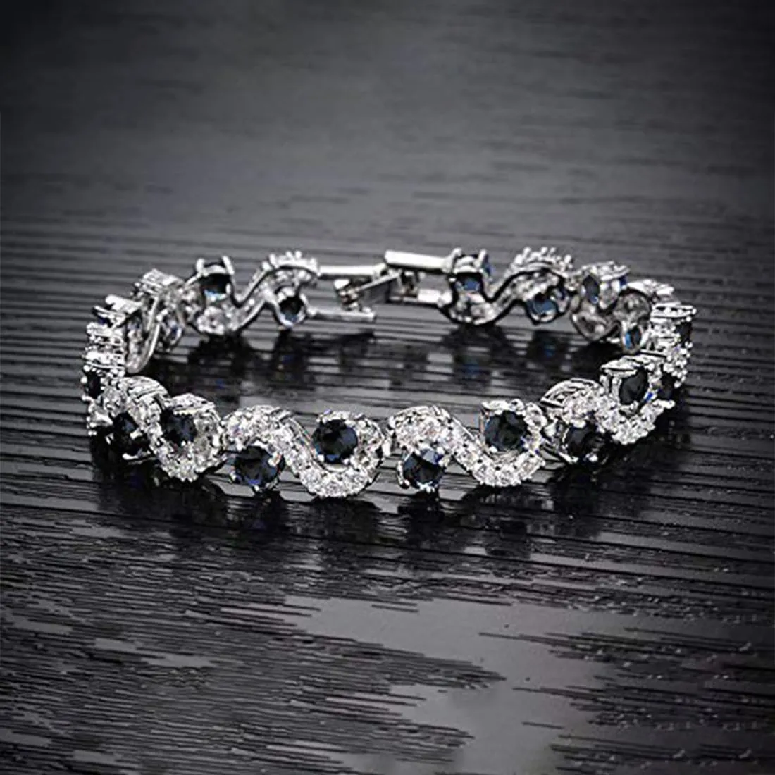 Kairangi Crystal Bracelet for Women Silver Plated A5 Grade Black Crystal Tennis Bracelet for Women and Girls