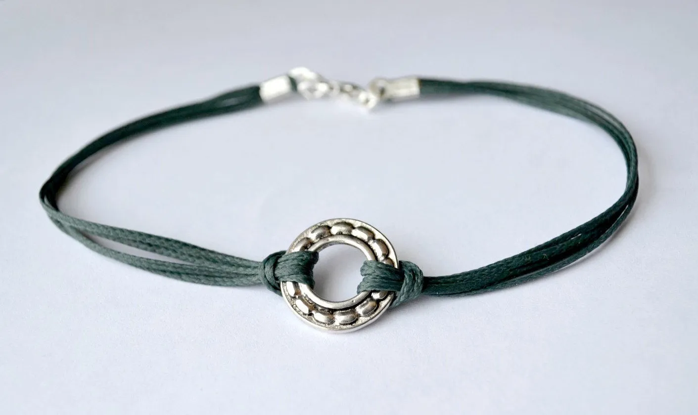 Karma bracelet for men, blue cord, silver tone circle charm, gift for him