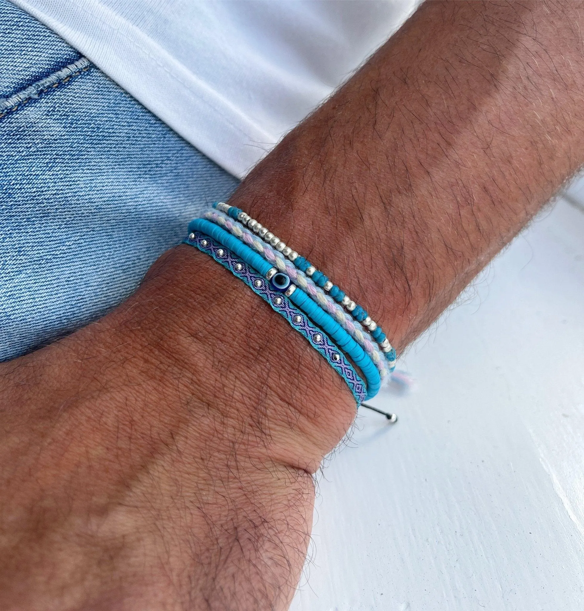 Knot Silver Beads Bracelet (Santorini Blue)