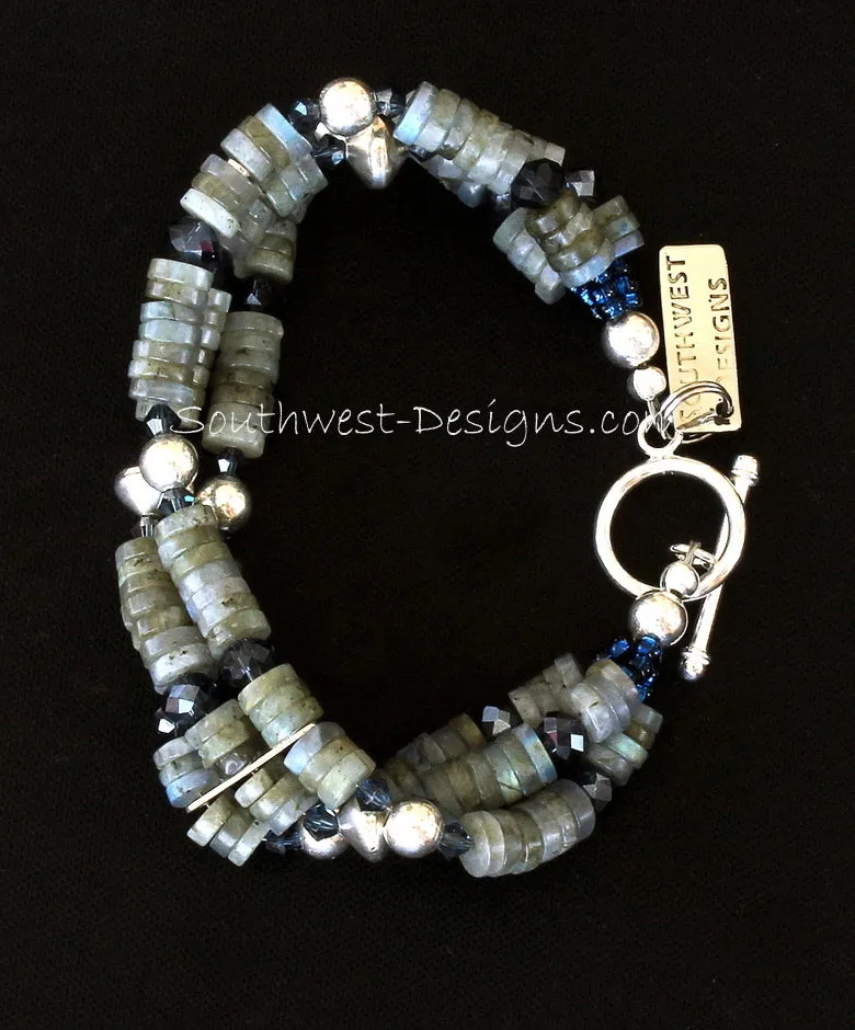 Labradorite Heishi 3-Strand Bracelet with Thunder Polish & Swarovski Crystal, Sterling Silver Rounds & Bicones, and Sterling Toggle Clasp