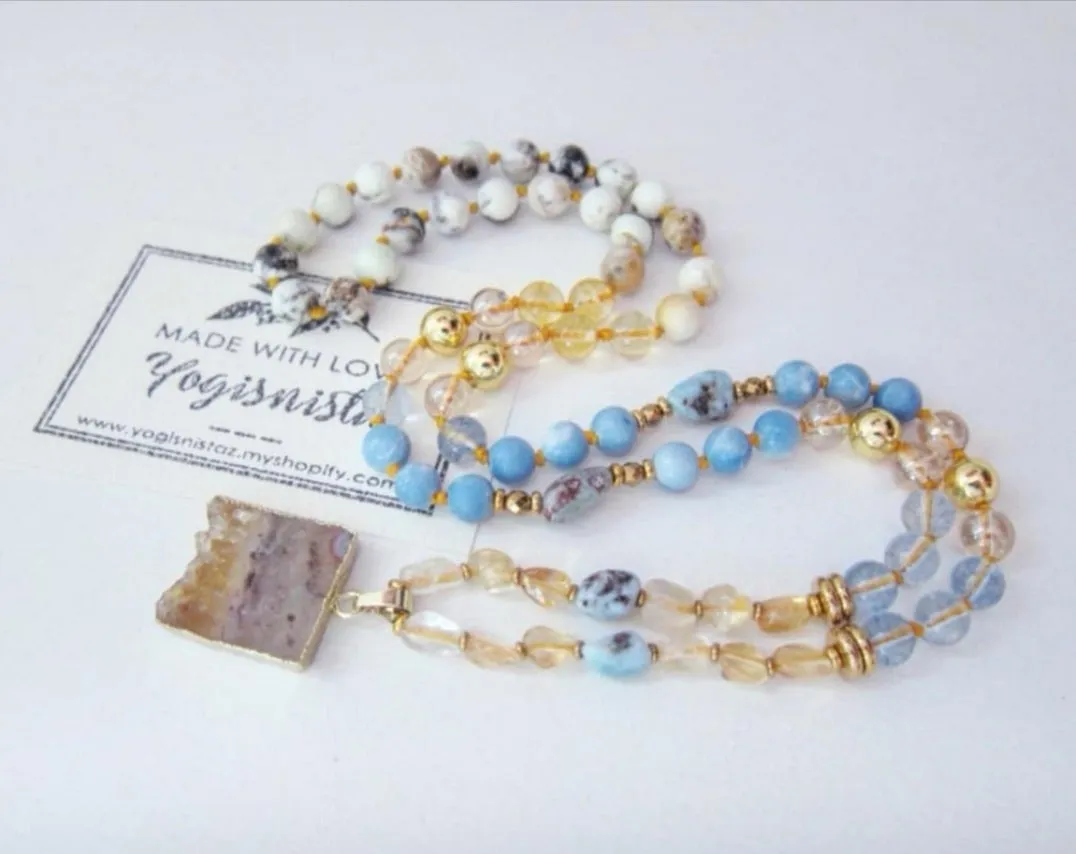 Larimar, Opal, Citrine Mala Necklace with Citrine Stalactite Pendant - Pisces Birthstone