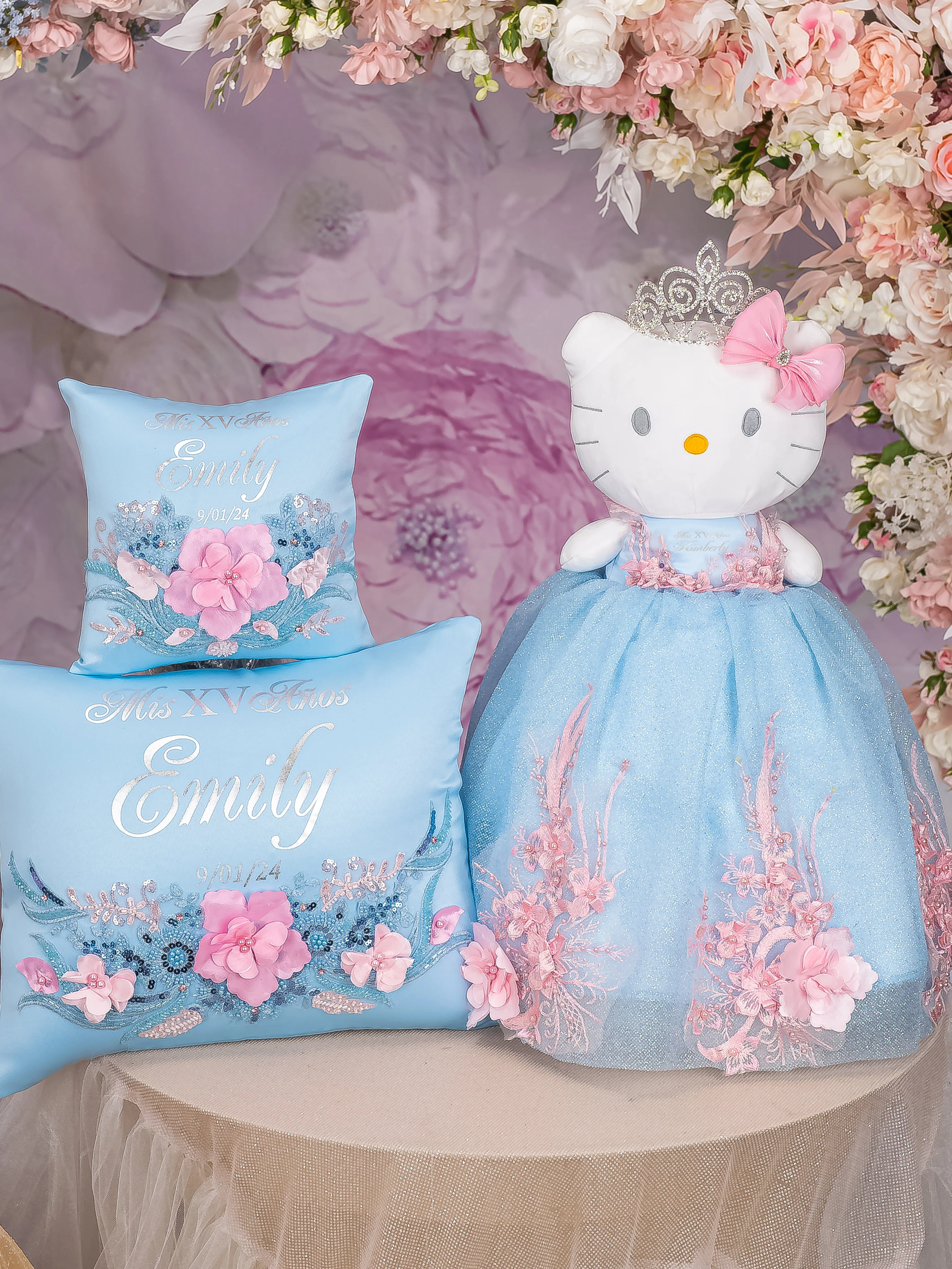 Light blue with pink Quinceanera tiara pillow