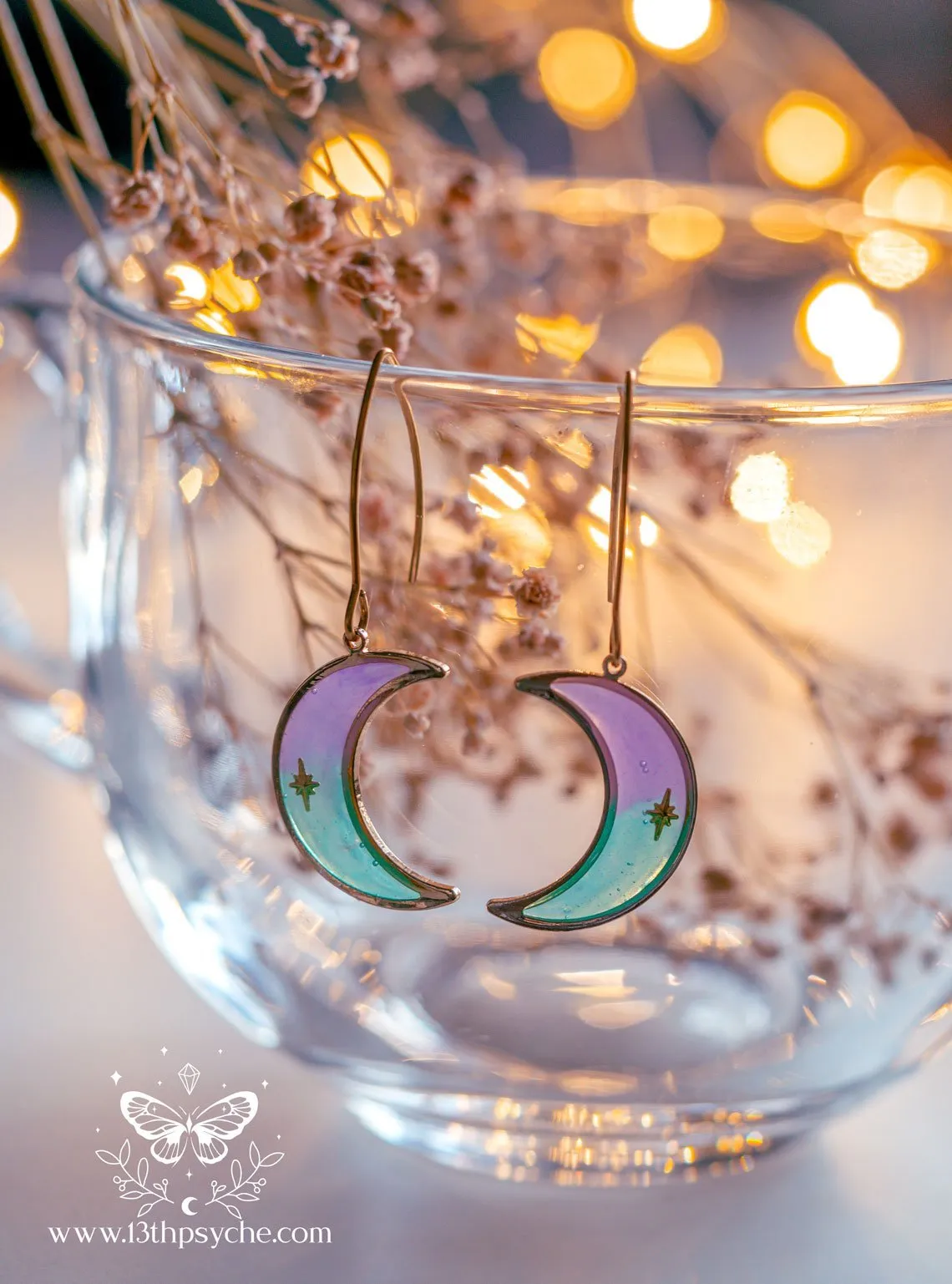 Lilac and turquoise dangle crescent moon earrings