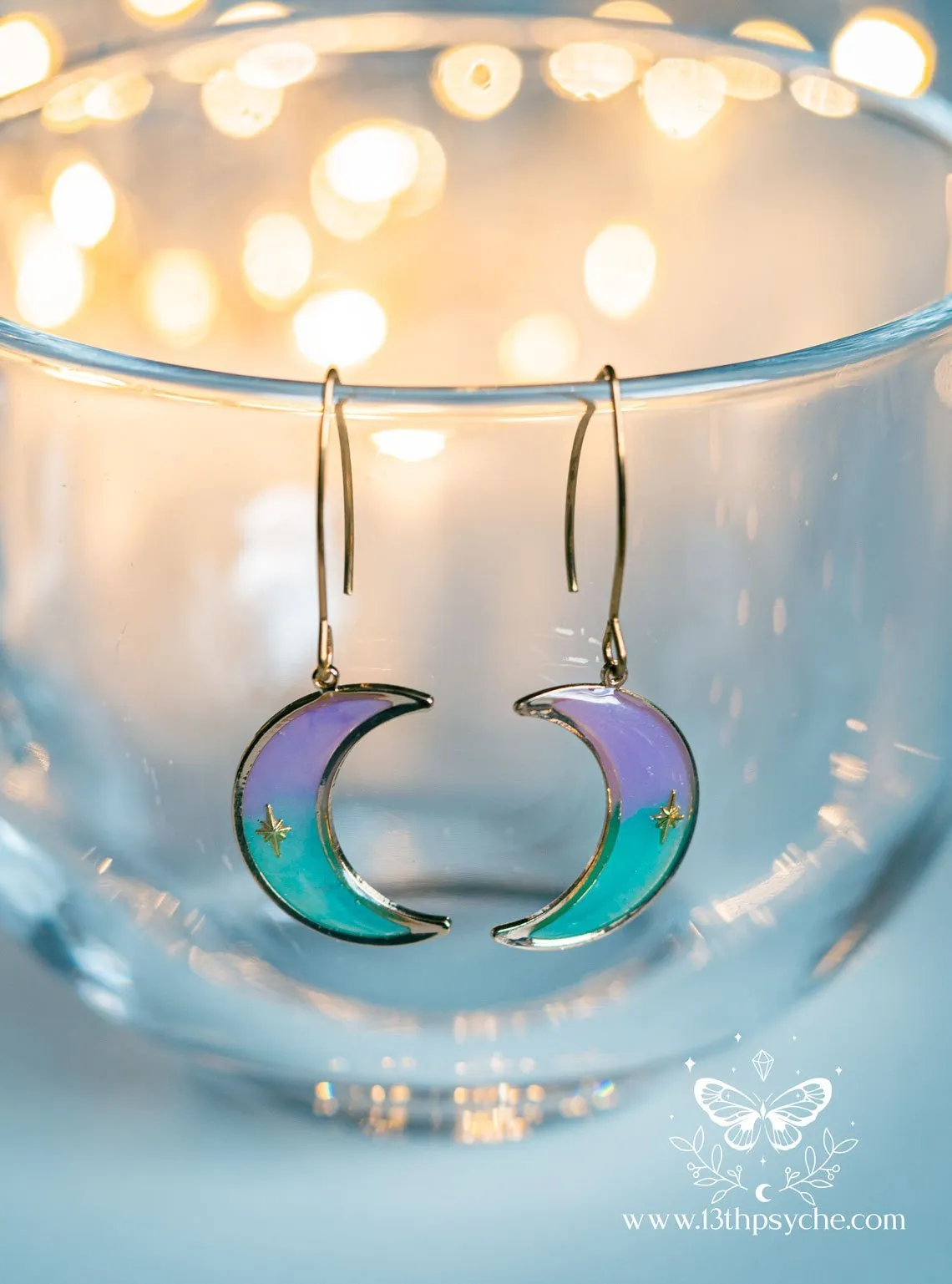 Lilac and turquoise dangle crescent moon earrings