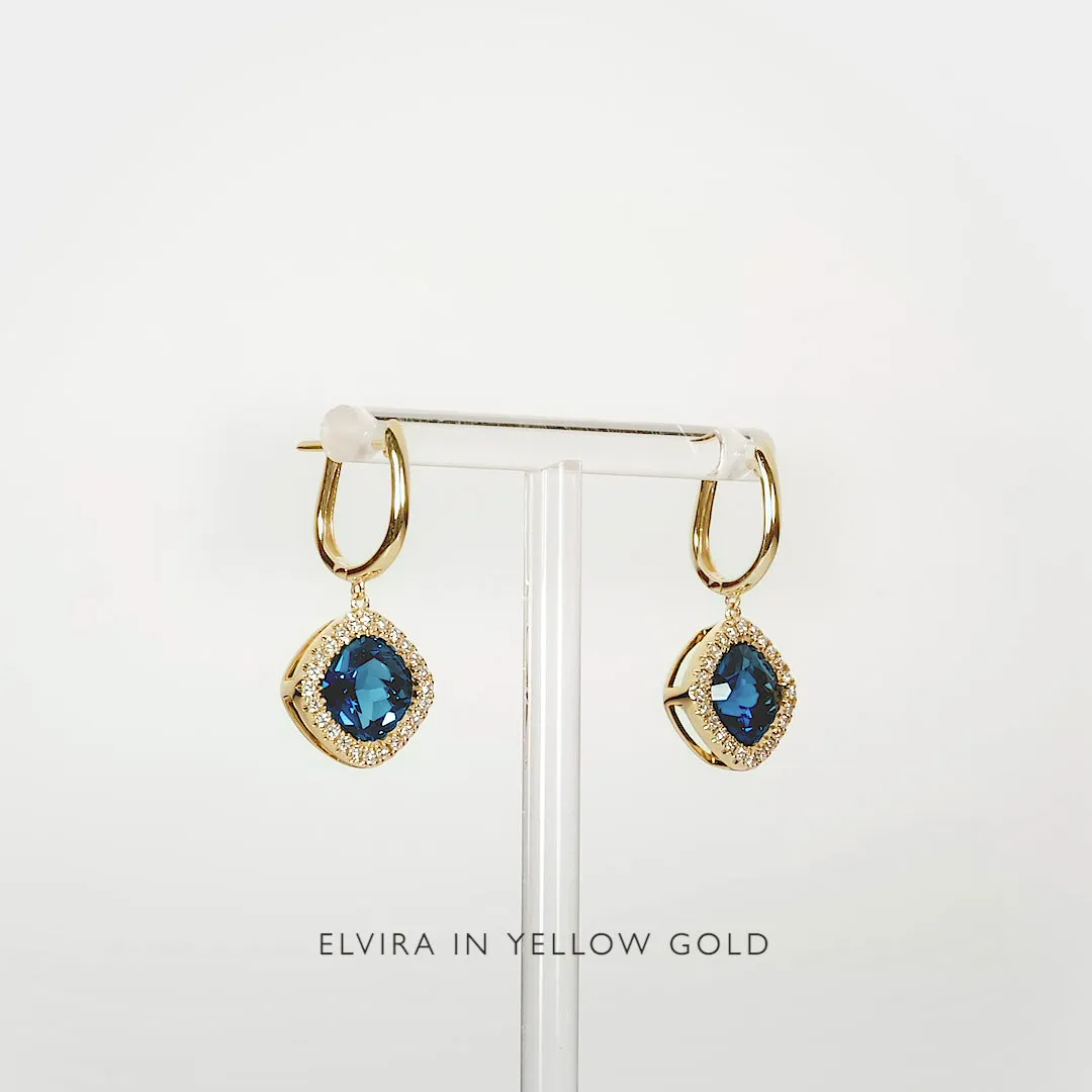 London Blue Topaz and Diamond Halo Drop Earrings White Gold - Elvira