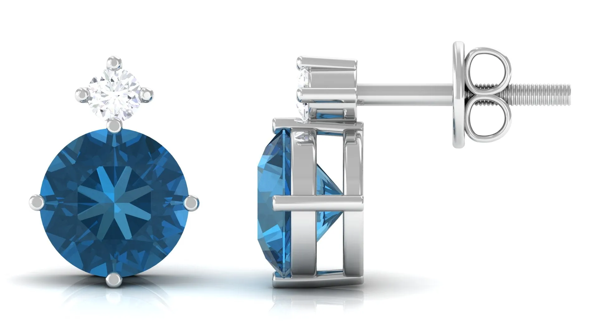 London Blue Topaz Solitaire Stud Earrings with Diamond