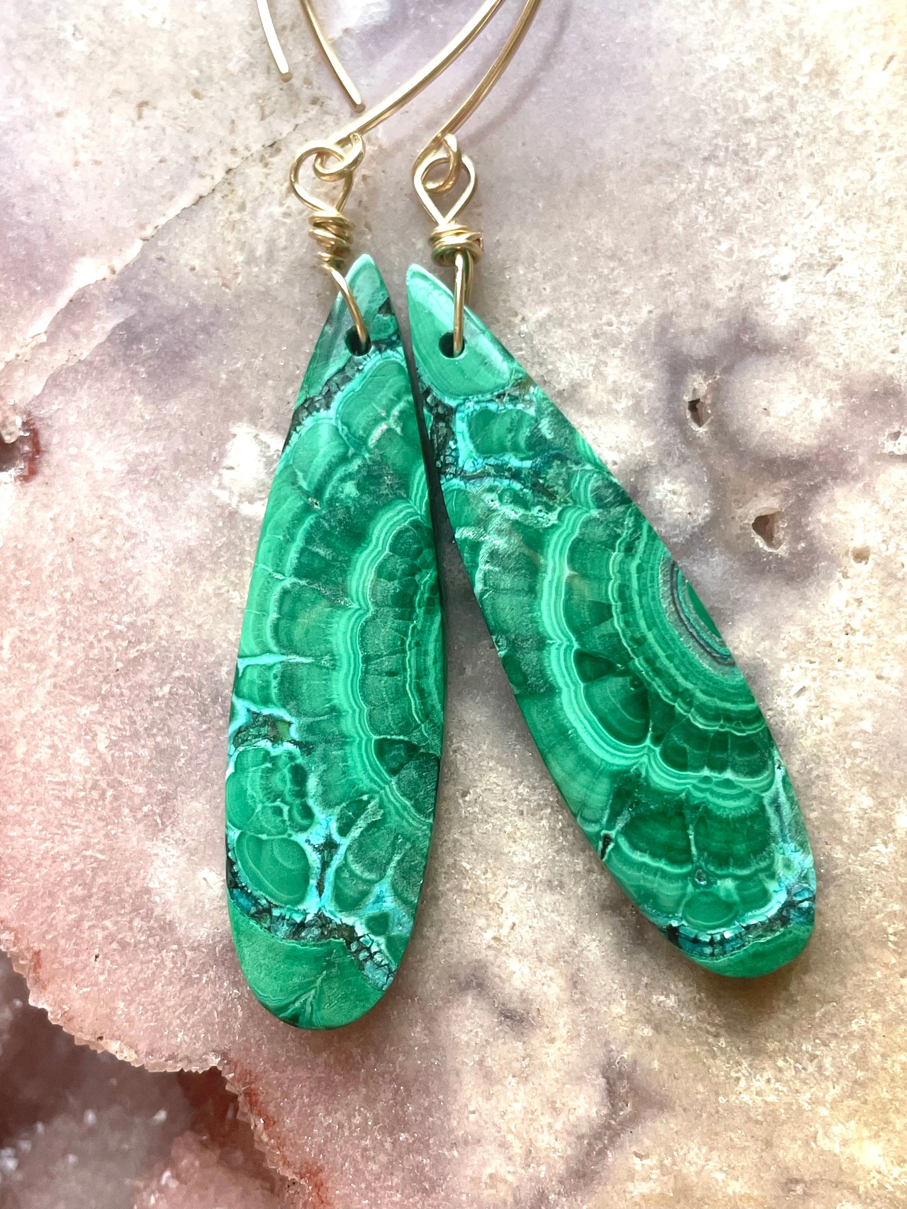 Long Malachite Crystal Dangle Earrings 14kt Gold Filled