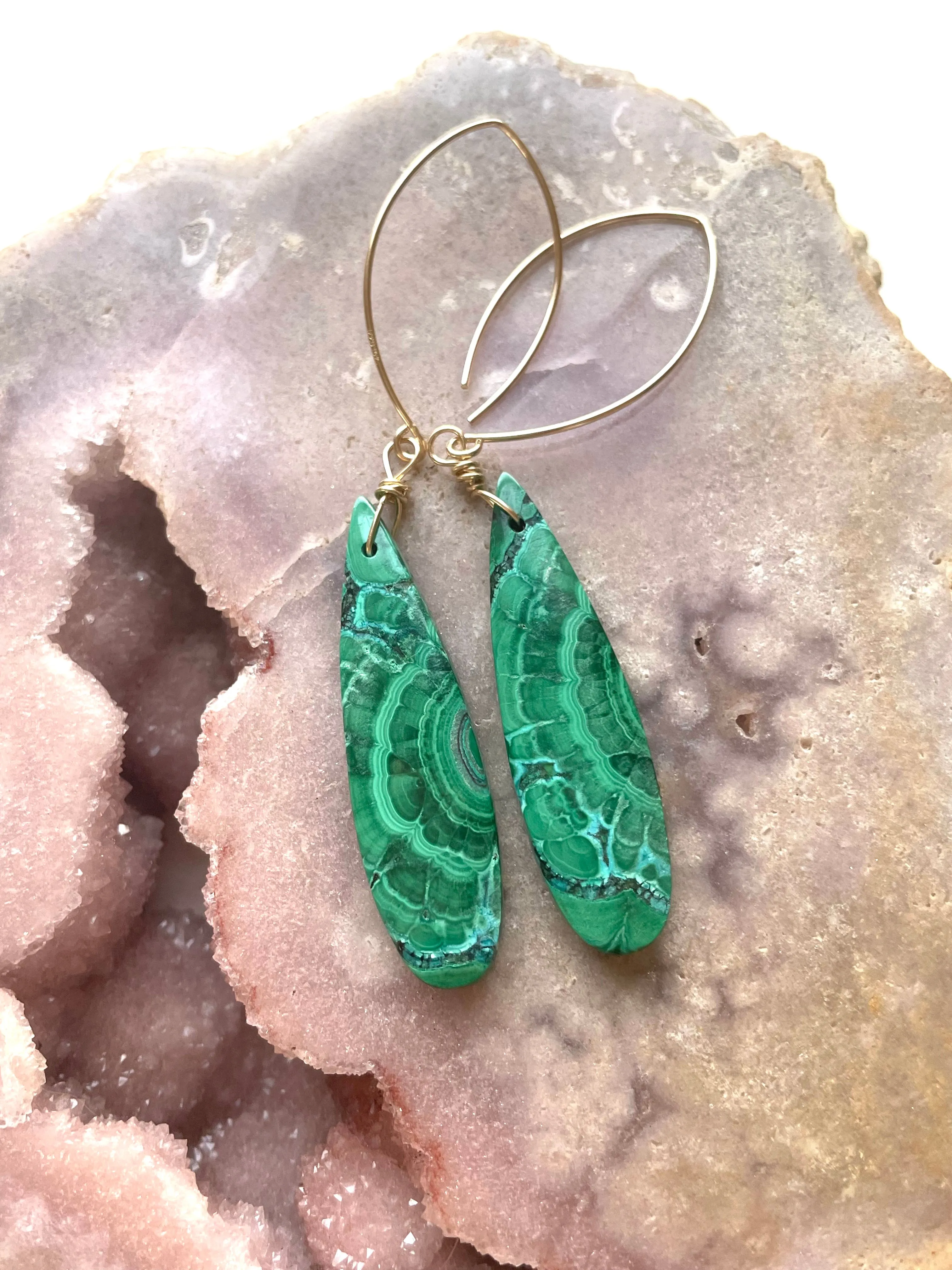 Long Malachite Crystal Dangle Earrings 14kt Gold Filled