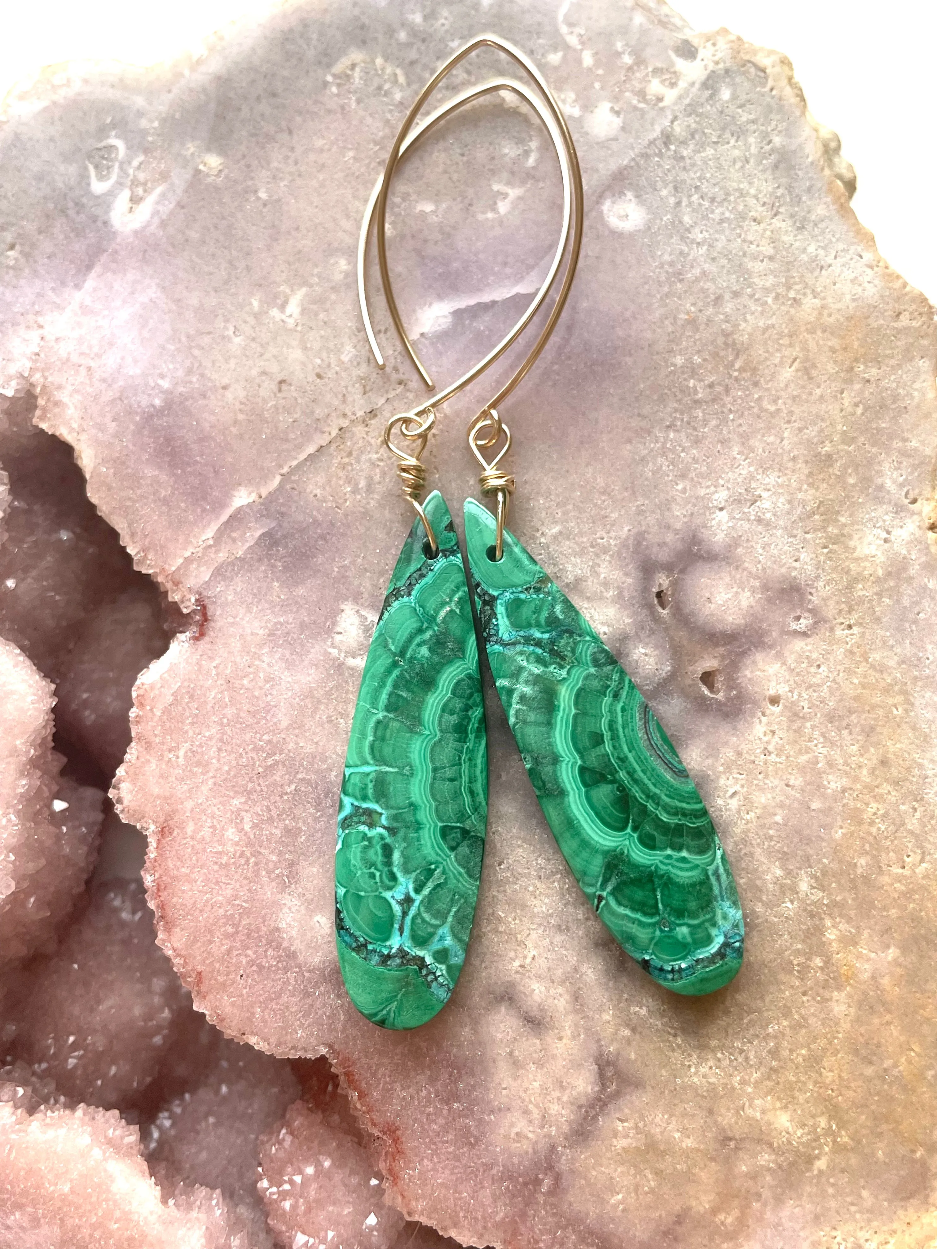 Long Malachite Crystal Dangle Earrings 14kt Gold Filled