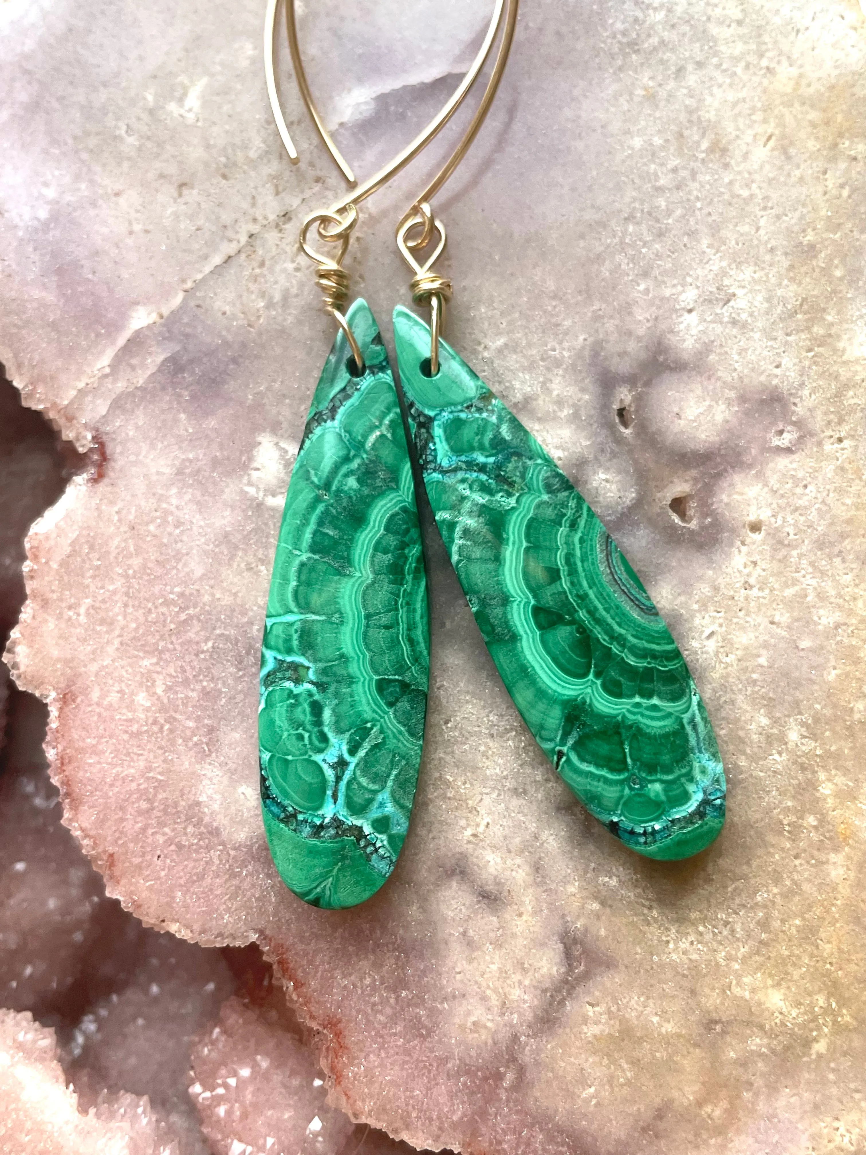 Long Malachite Crystal Dangle Earrings 14kt Gold Filled