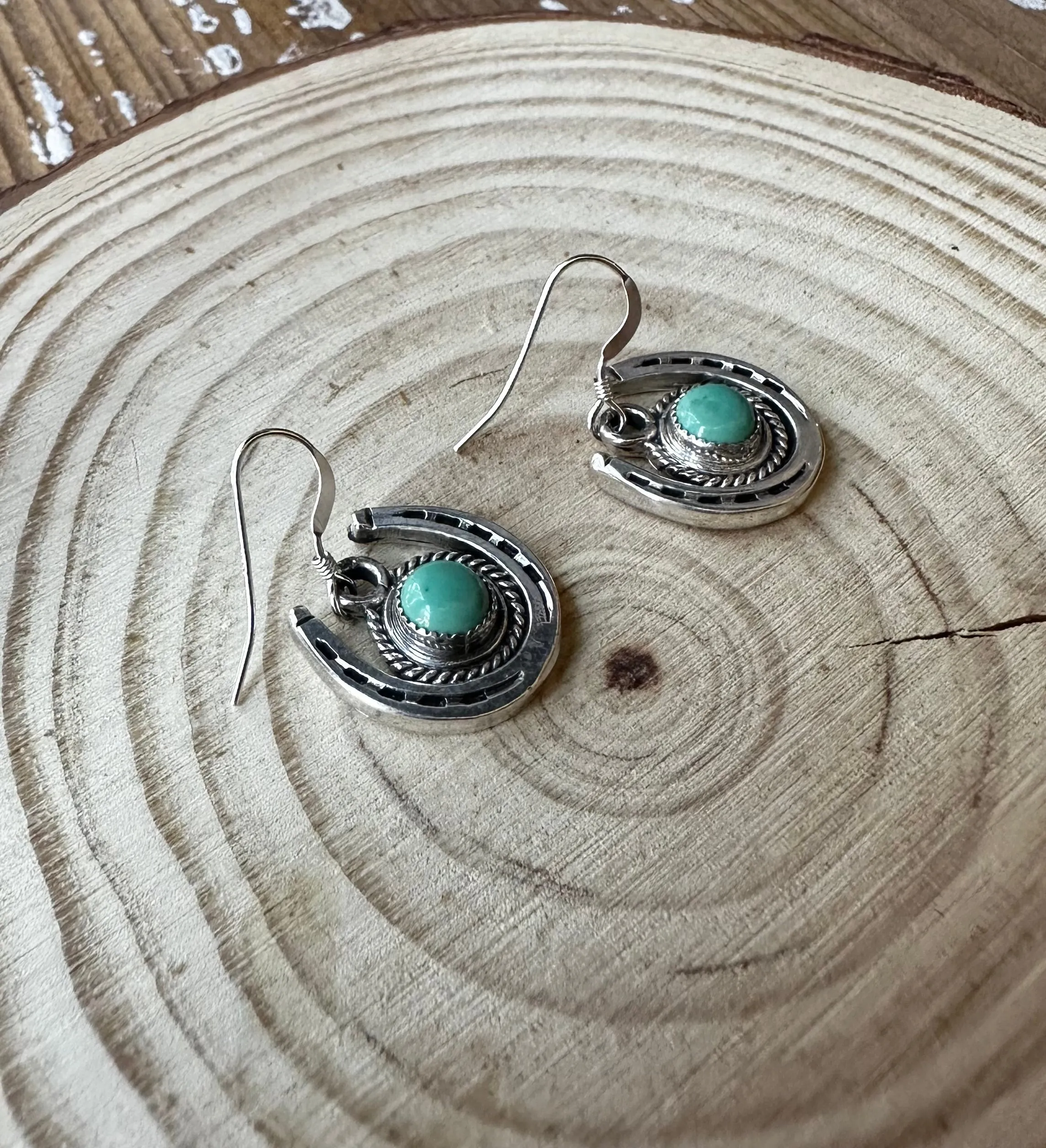 LUCKY HORSESHOE Running Bear RB Silver and Turquoise Navajo Earrings