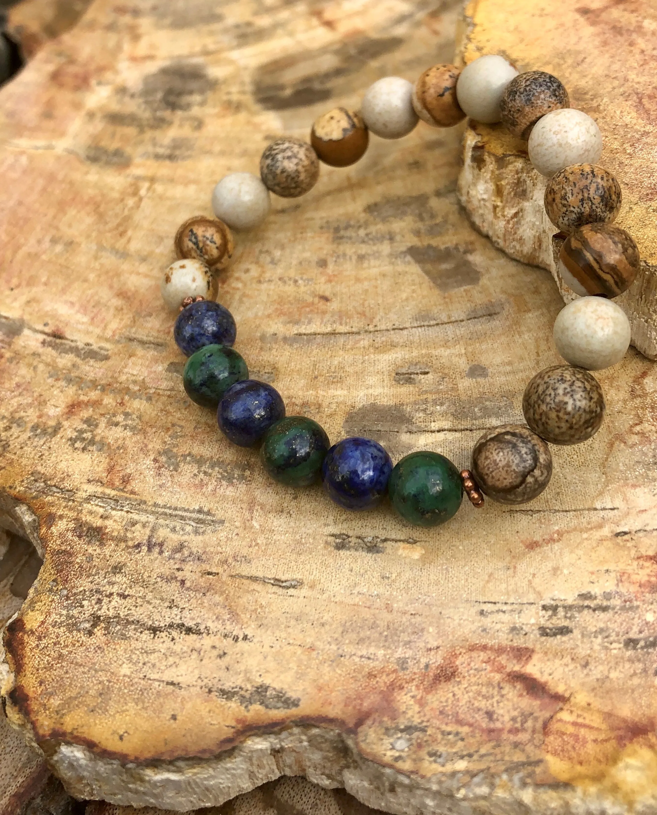 Malachite Chrysocolla & Picture Jasper Stretch Bracelet! Natural Gems!