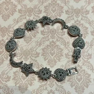 Marcasite Sterling Silver Bracelet Moon Star Heart Delicate Celestial